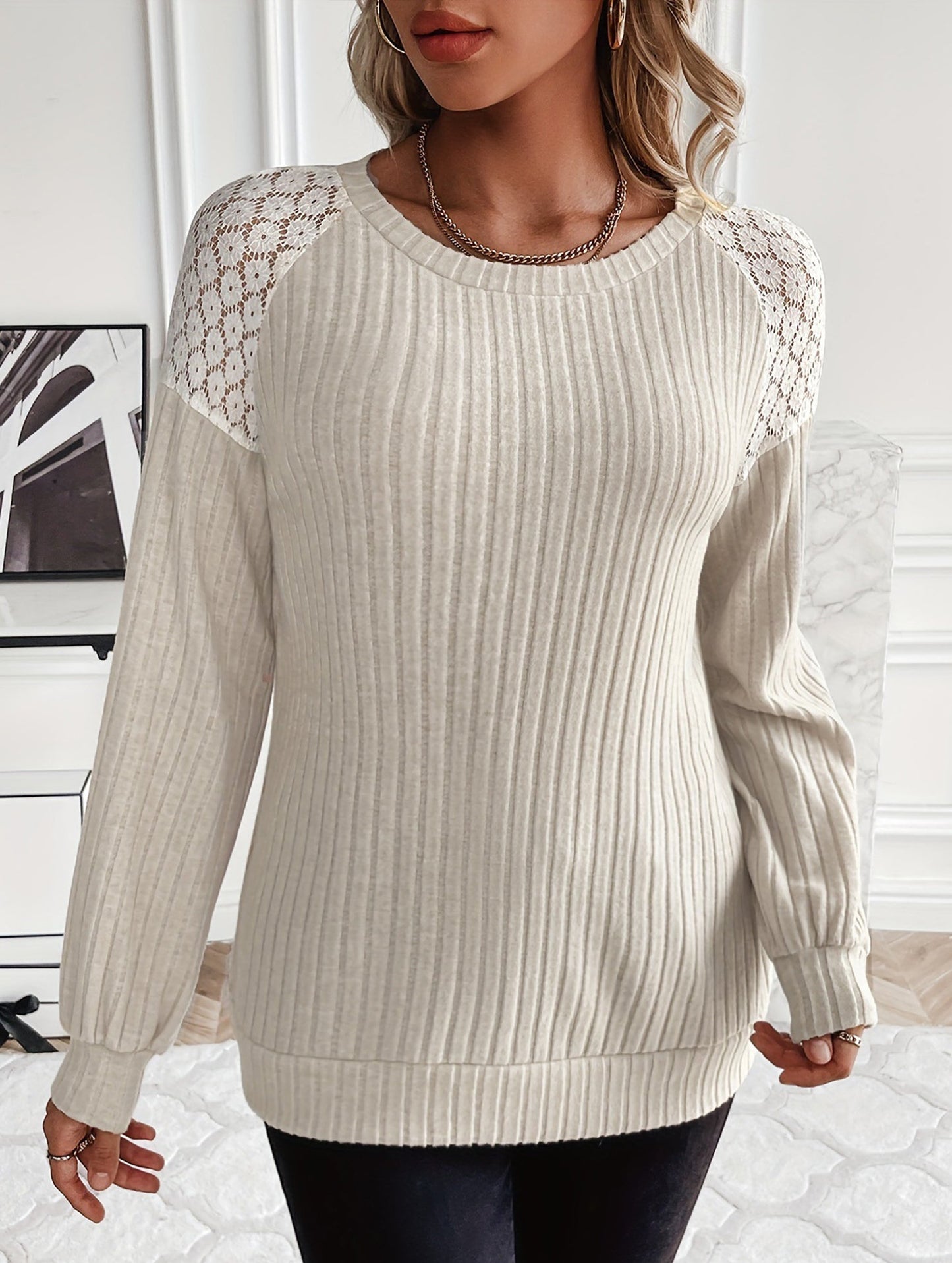 Versatile lace-paneled knitted crew neck sweater