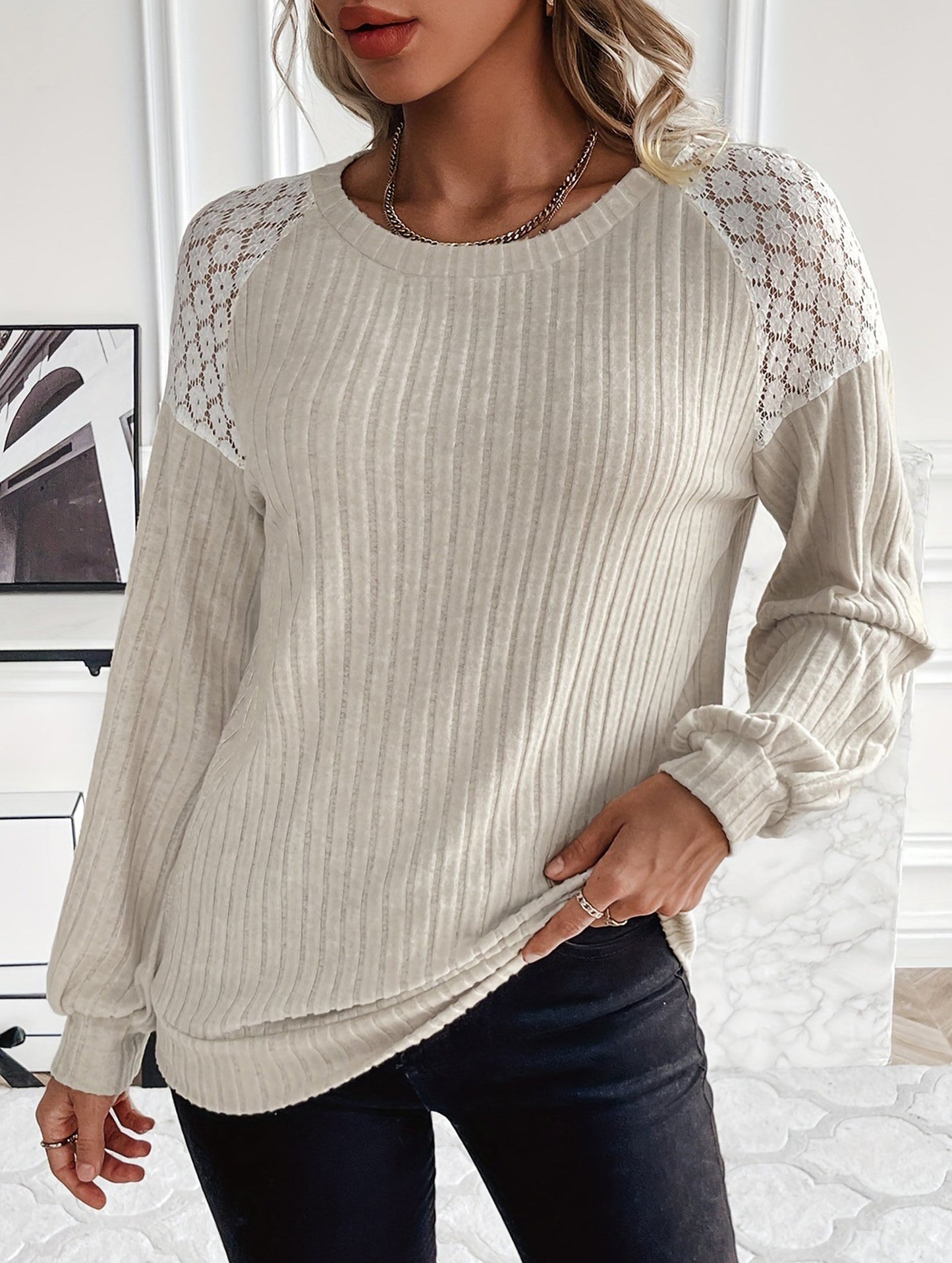 Versatile lace-paneled knitted crew neck sweater