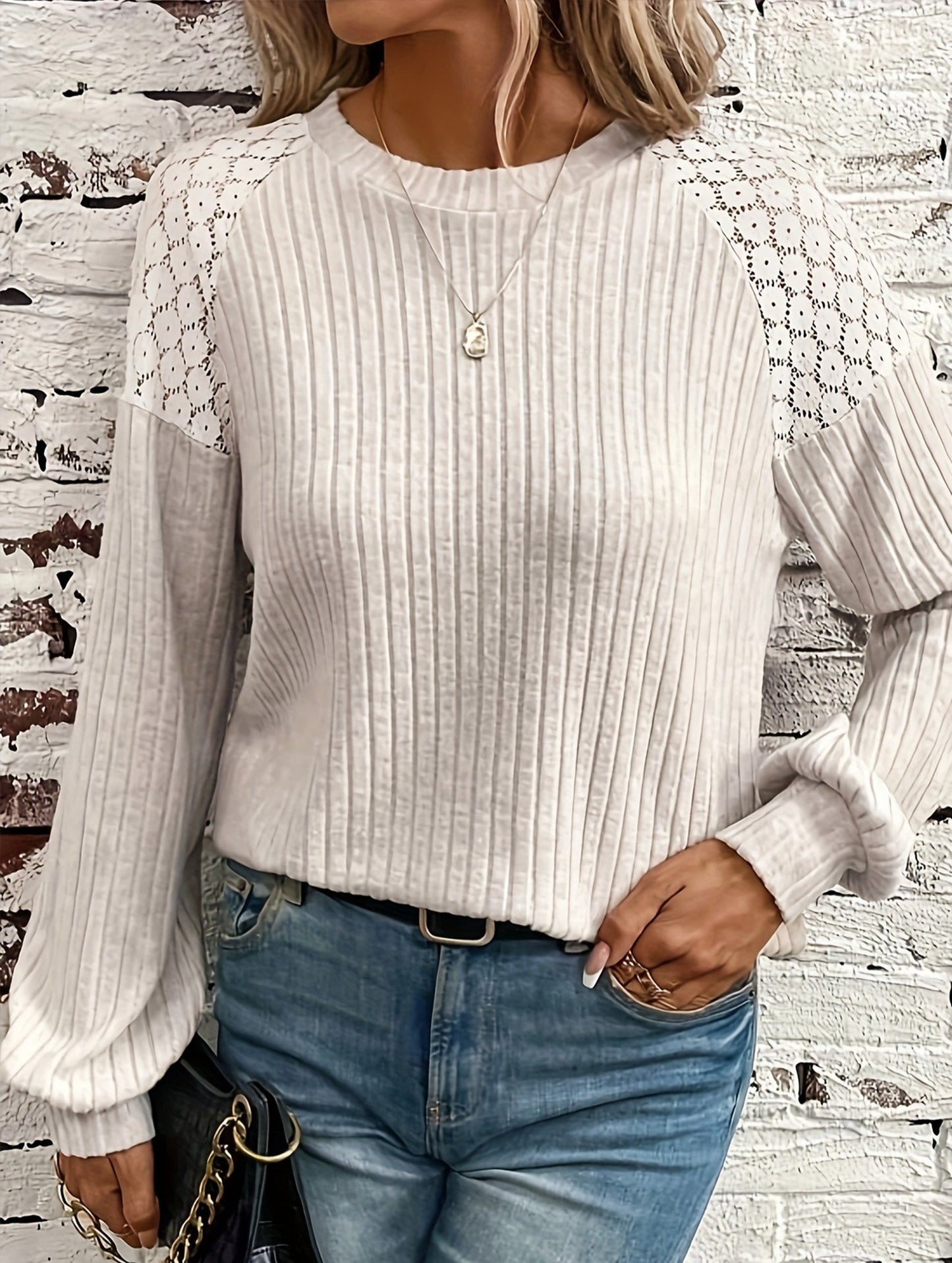 Versatile lace-paneled knitted crew neck sweater