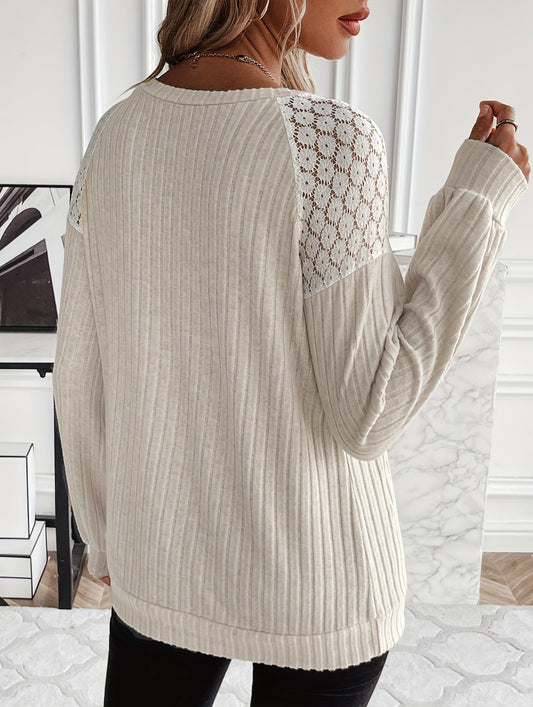 Versatile lace-paneled knitted crew neck sweater