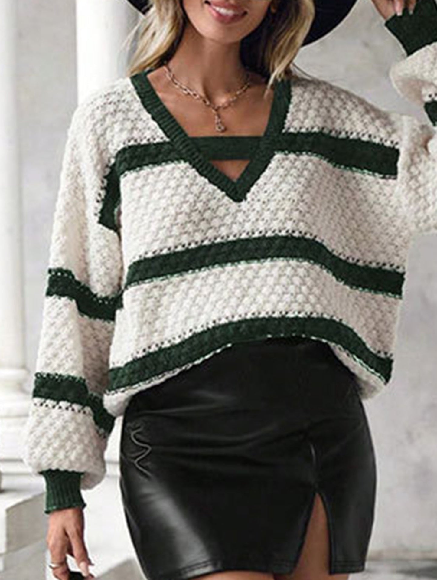 Knitted patchwork contrast color V-neck sweater