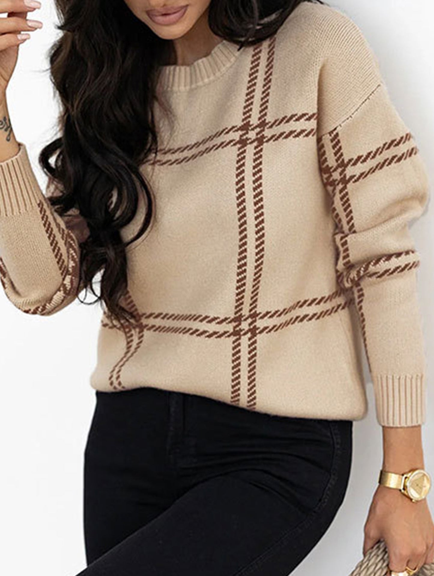 Check Colorblock Crew Neck Sweater