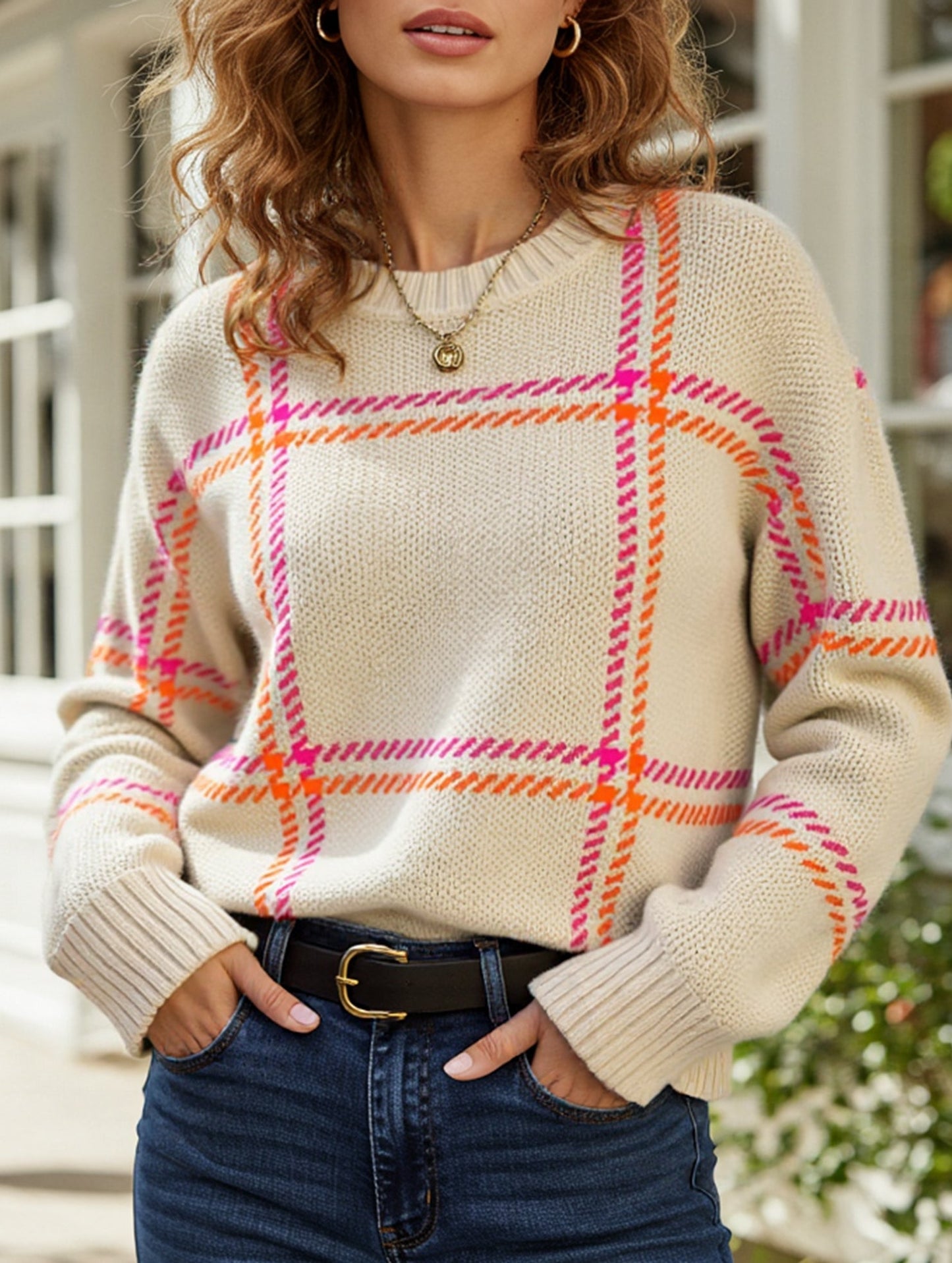 Check Colorblock Crew Neck Sweater