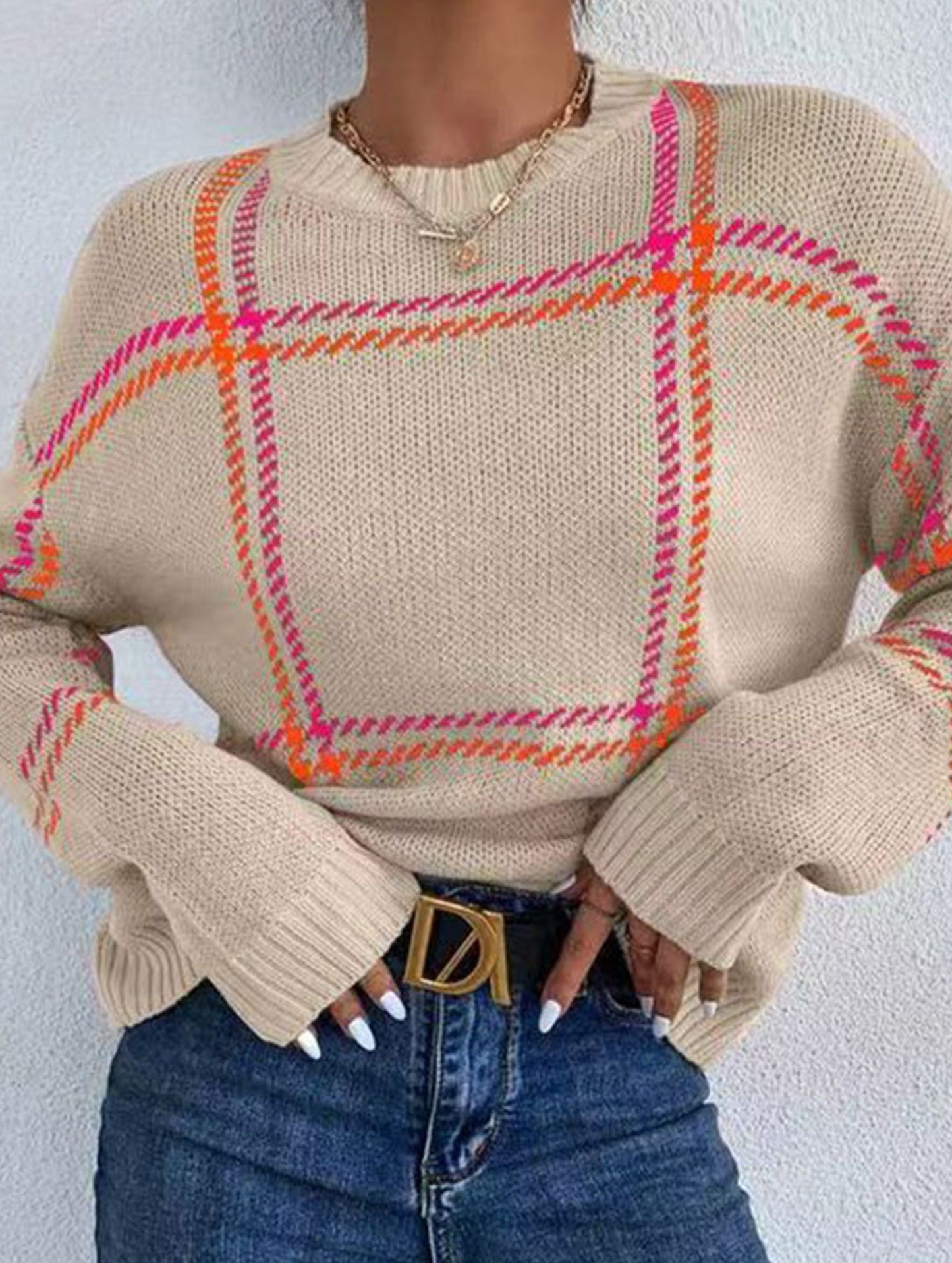 Check Colorblock Crew Neck Sweater