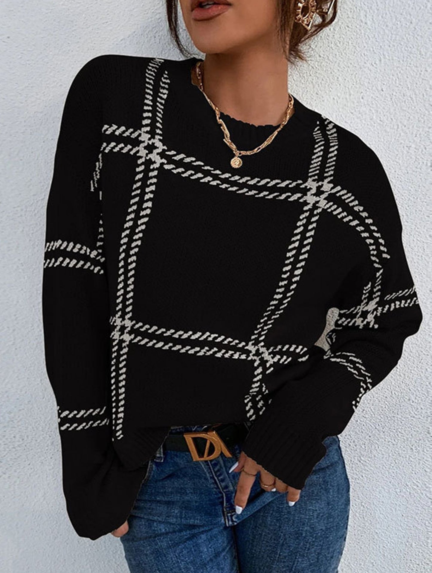 Check Colorblock Crew Neck Sweater