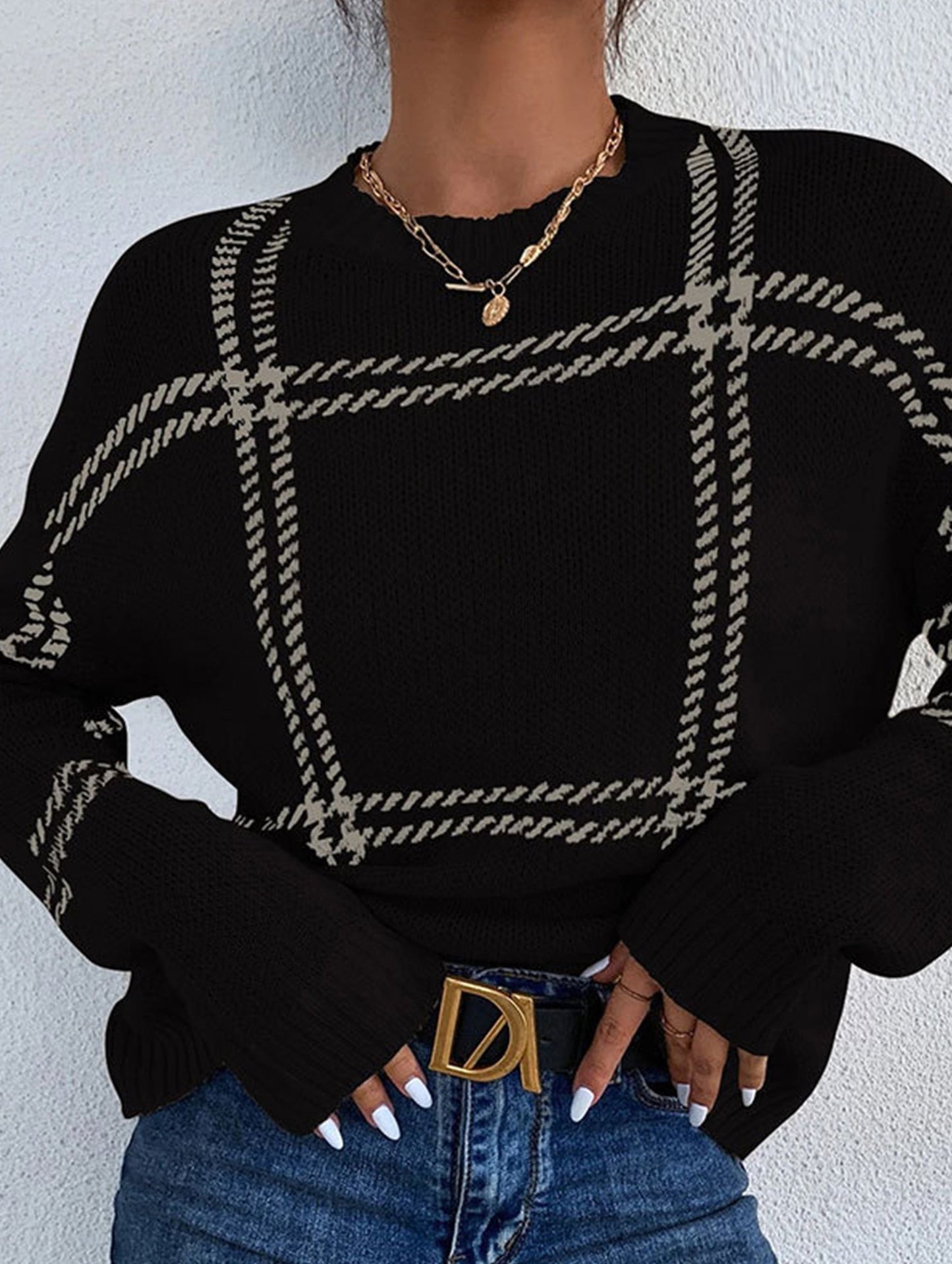 Check Colorblock Crew Neck Sweater