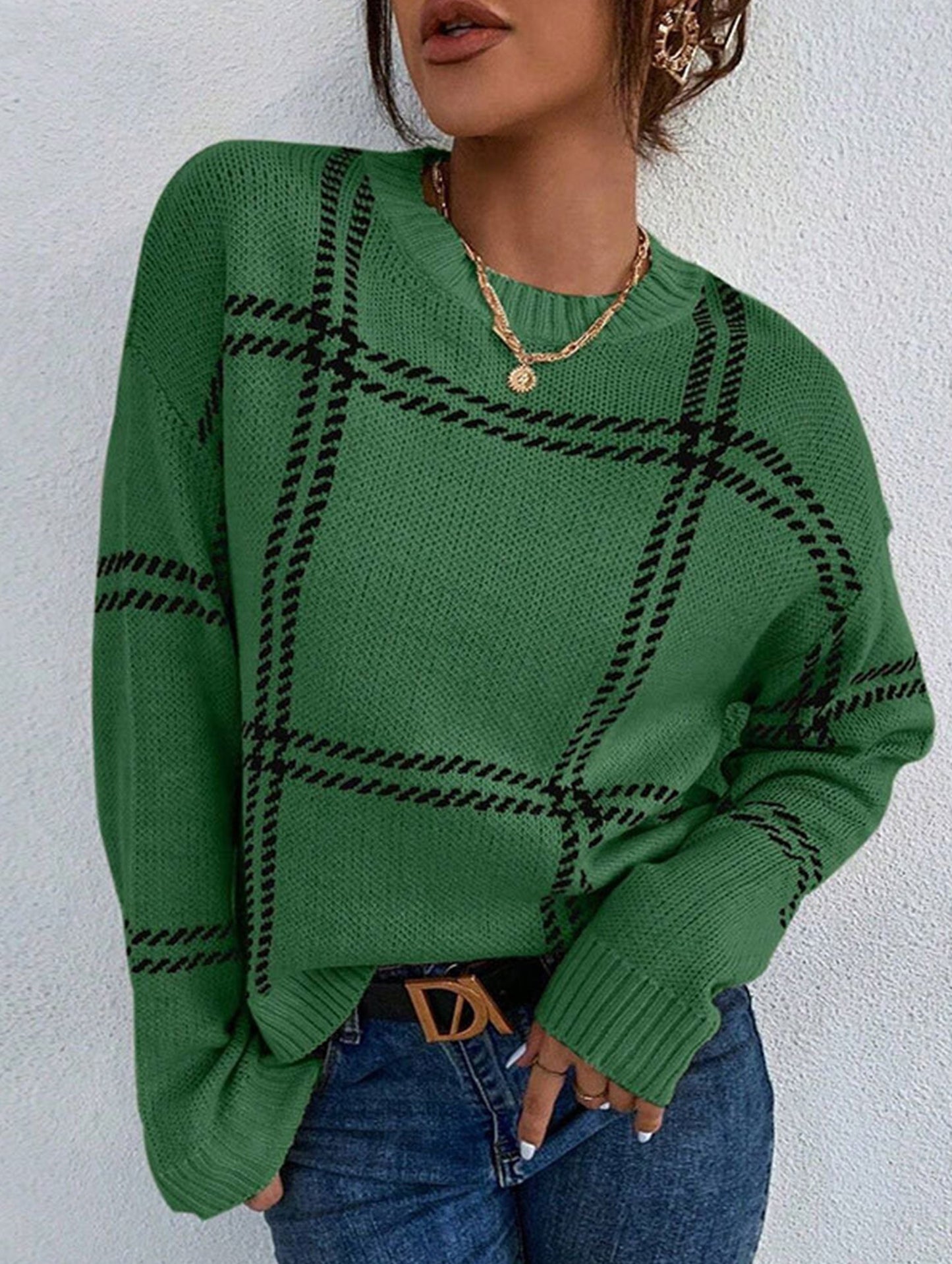 Check Colorblock Crew Neck Sweater