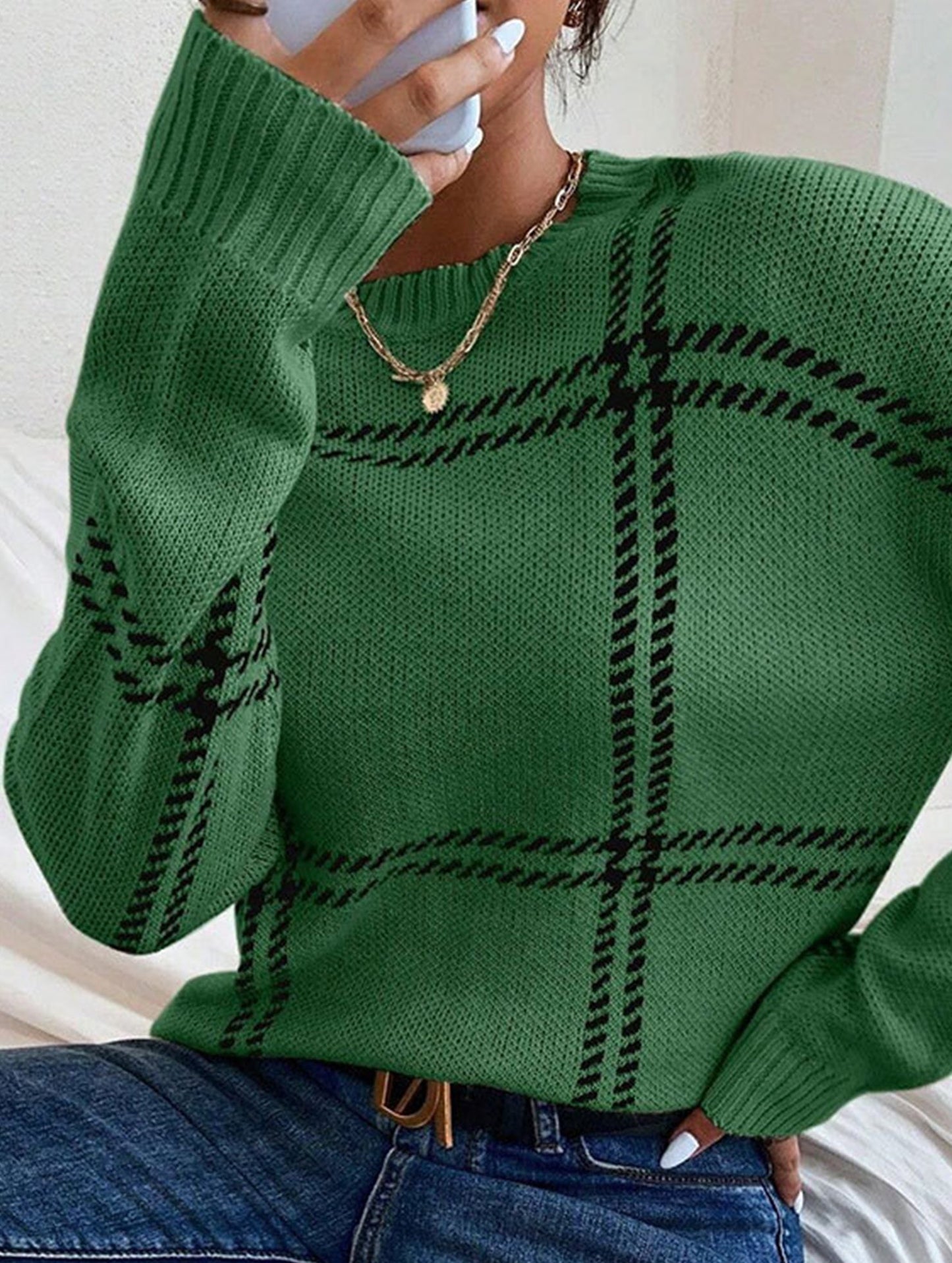 Check Colorblock Crew Neck Sweater