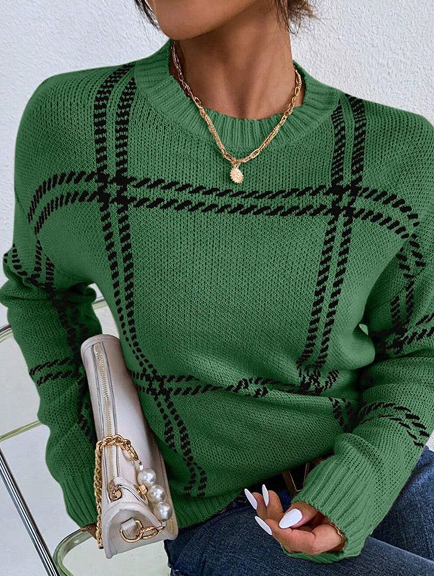 Check Colorblock Crew Neck Sweater