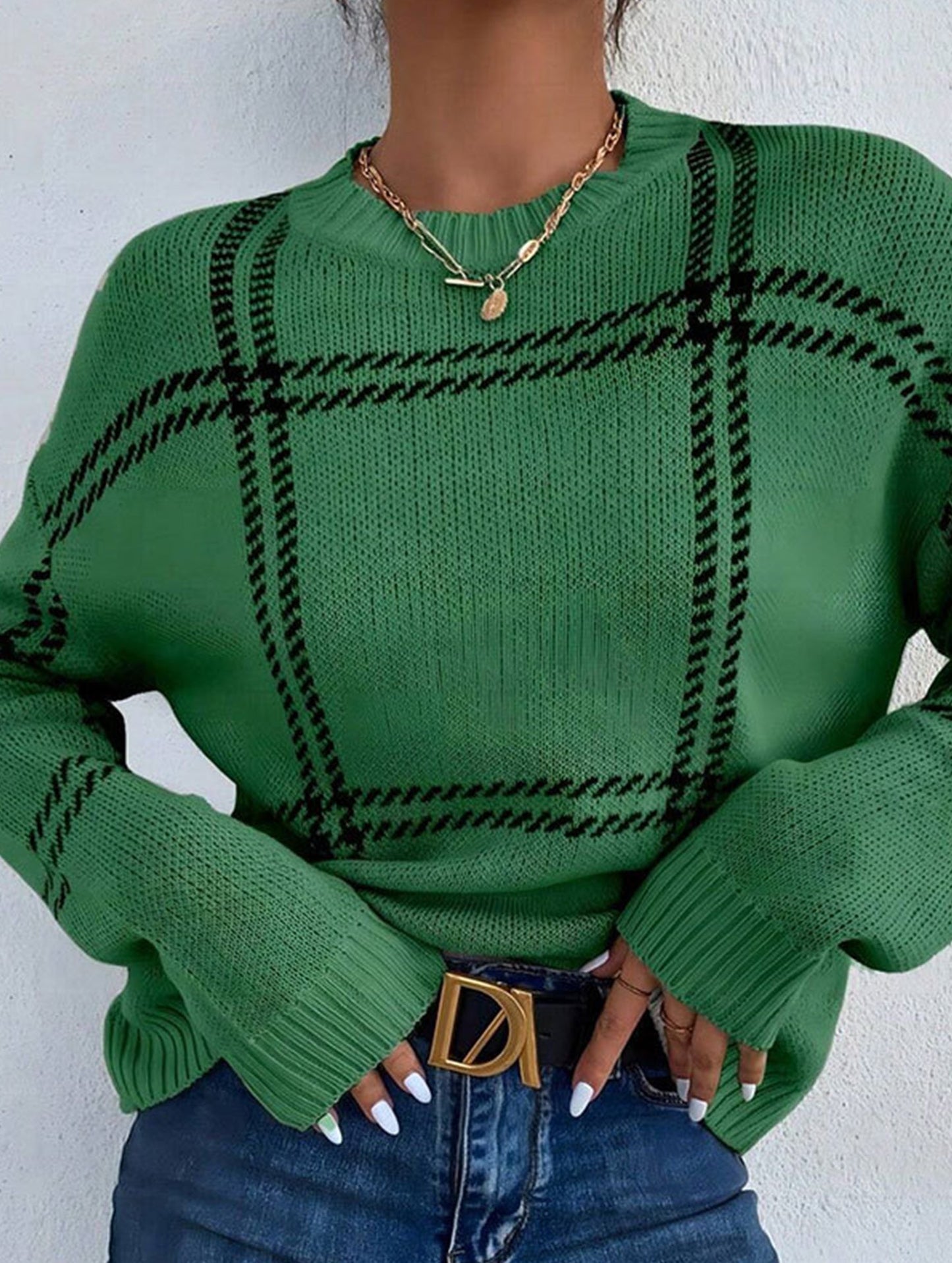 Check Colorblock Crew Neck Sweater