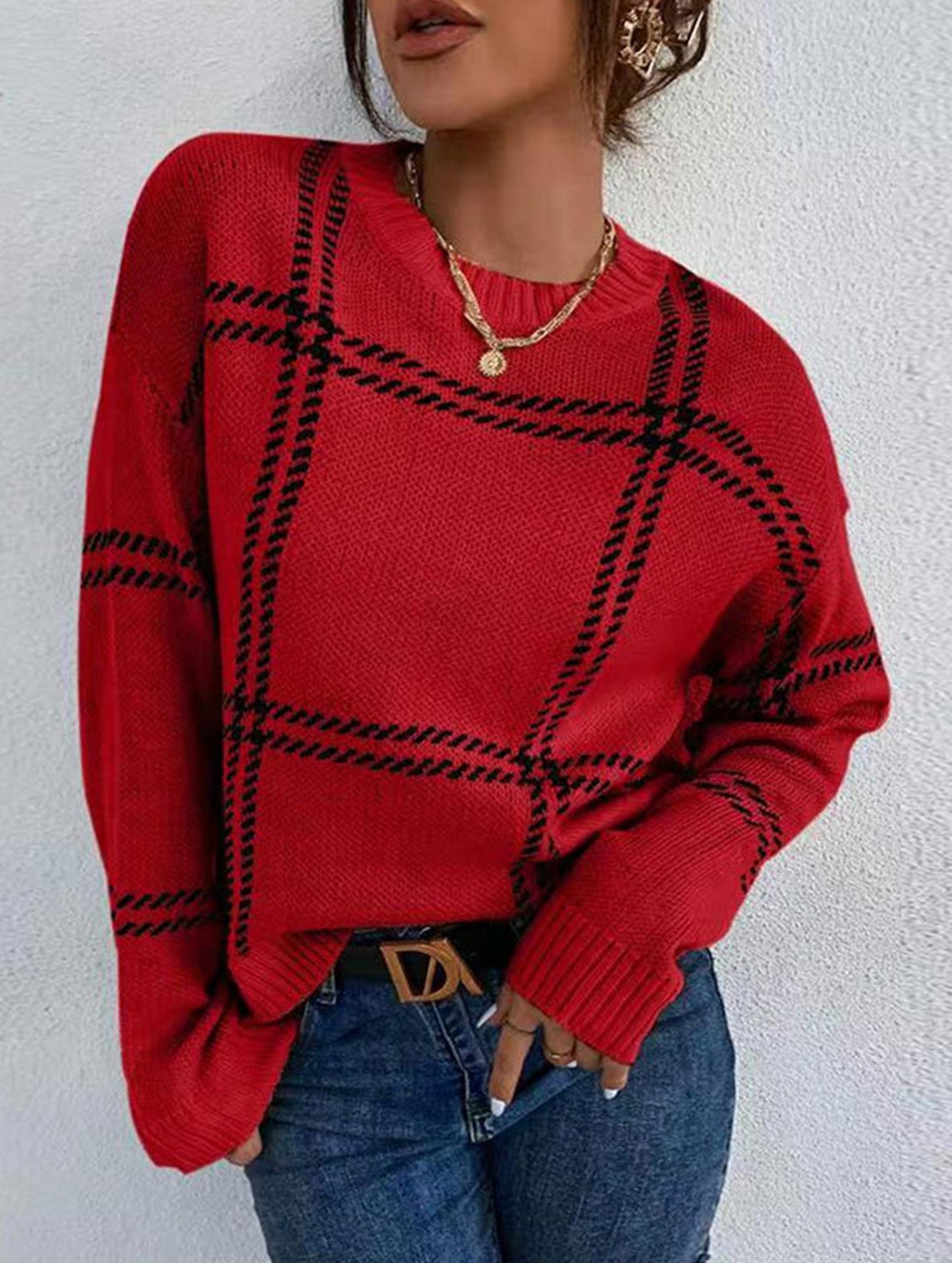 Check Colorblock Crew Neck Sweater