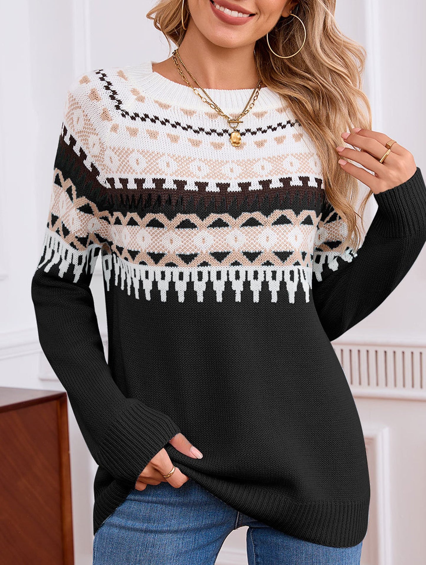 geometric pattern crew neck sweater