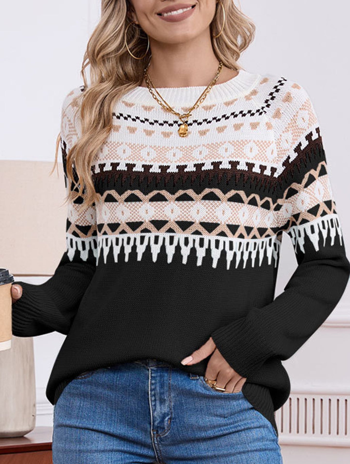geometric pattern crew neck sweater