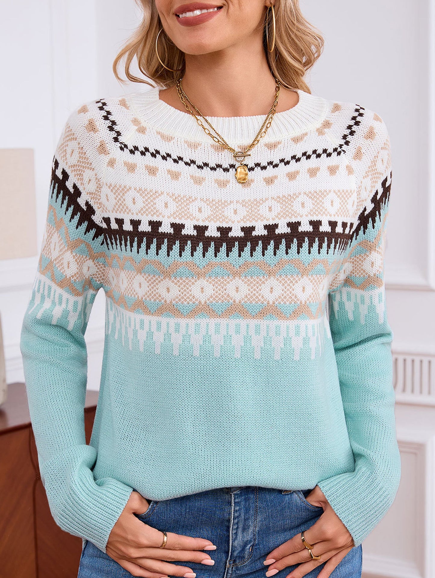 geometric pattern crew neck sweater