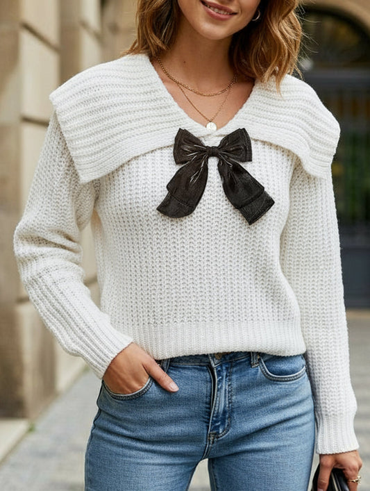 Large lapel bow-tie pullover sweater
