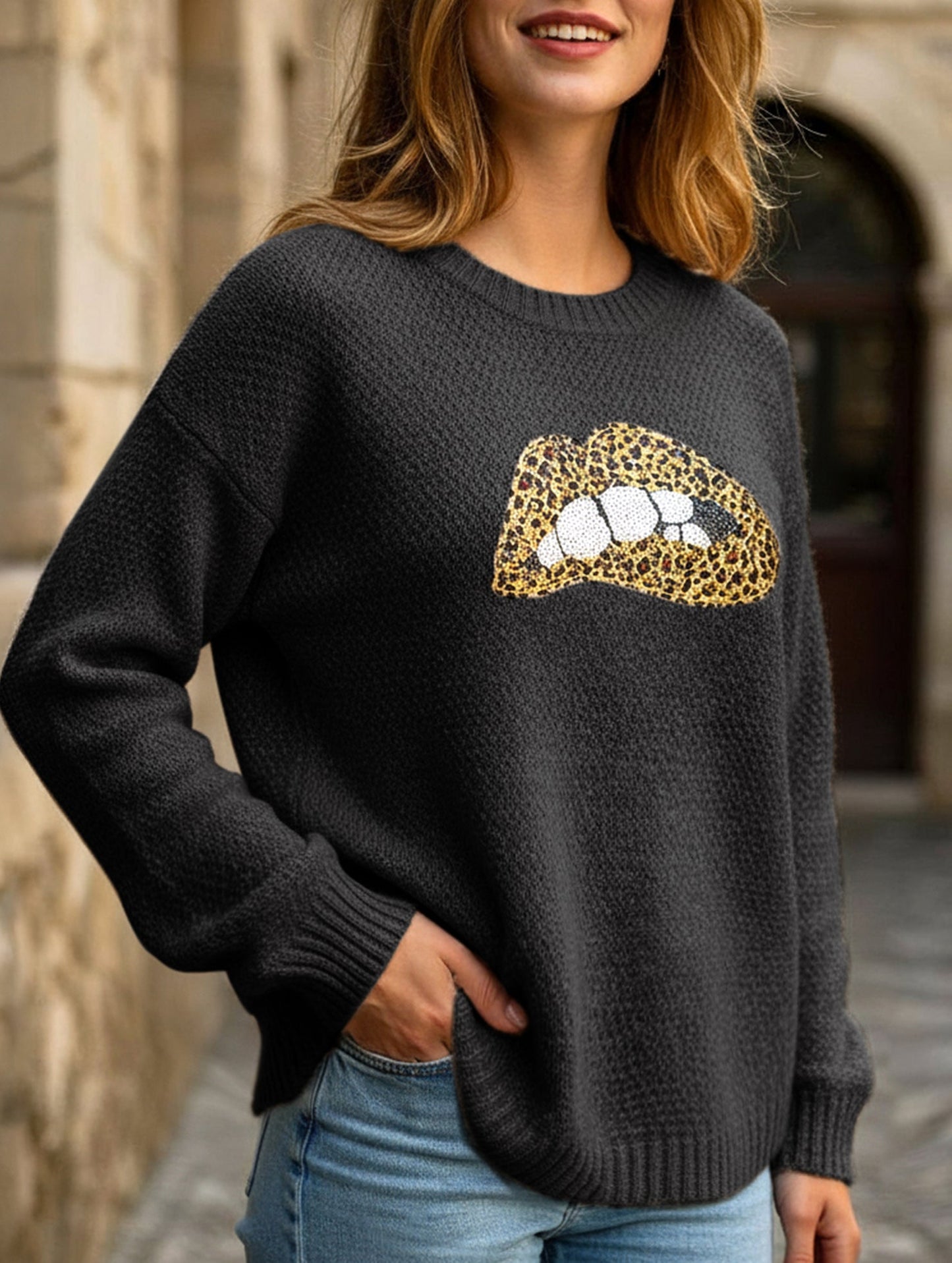 leopard embroidered sequined sweater