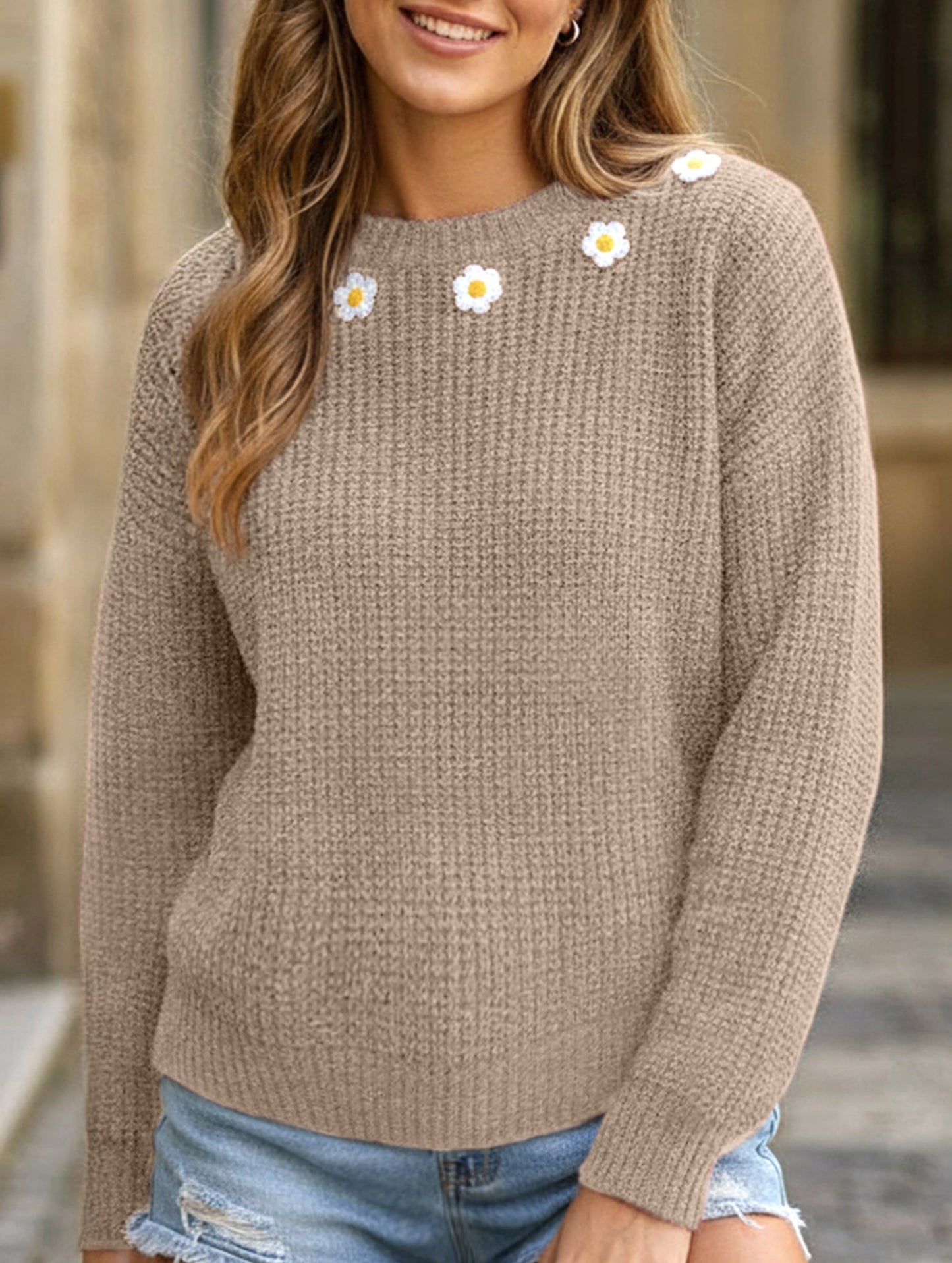 Hand-crocheted round neck casual sweater