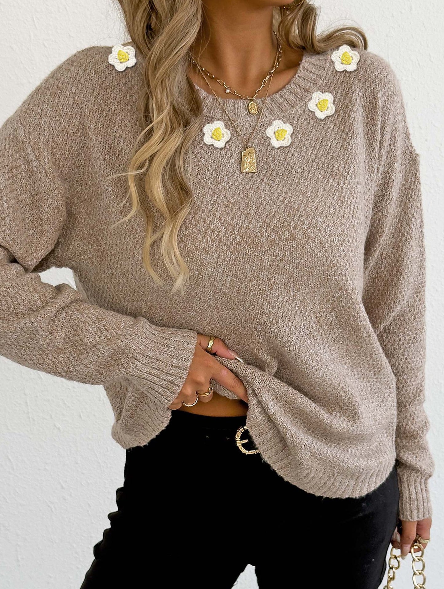 Hand-crocheted round neck casual sweater