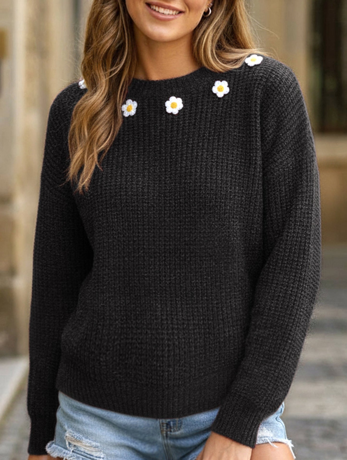 Hand-crocheted round neck casual sweater