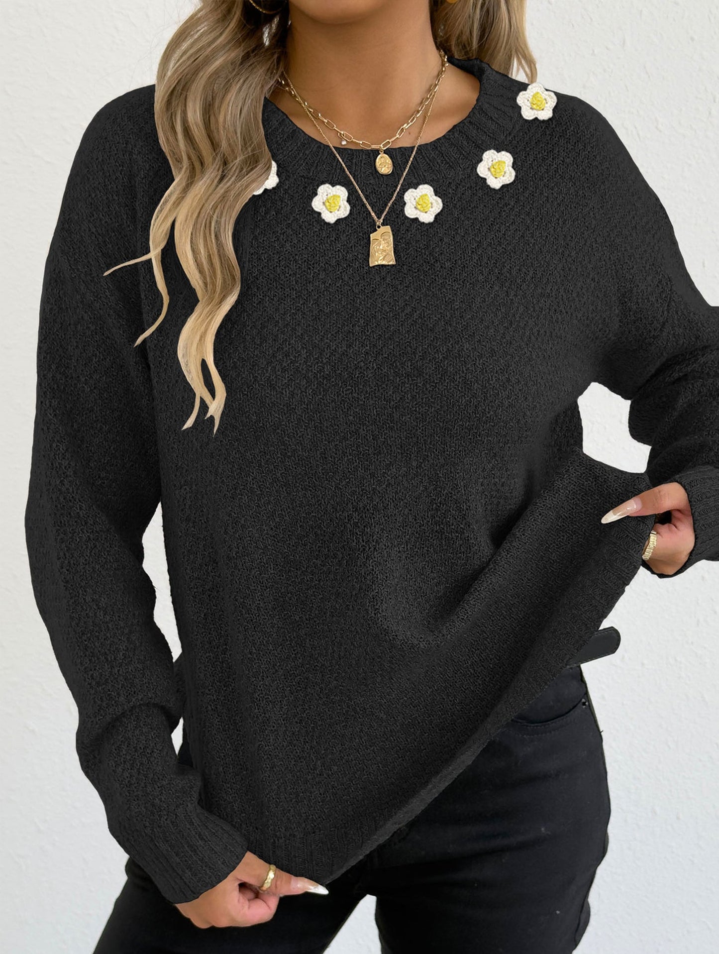 Hand-crocheted round neck casual sweater