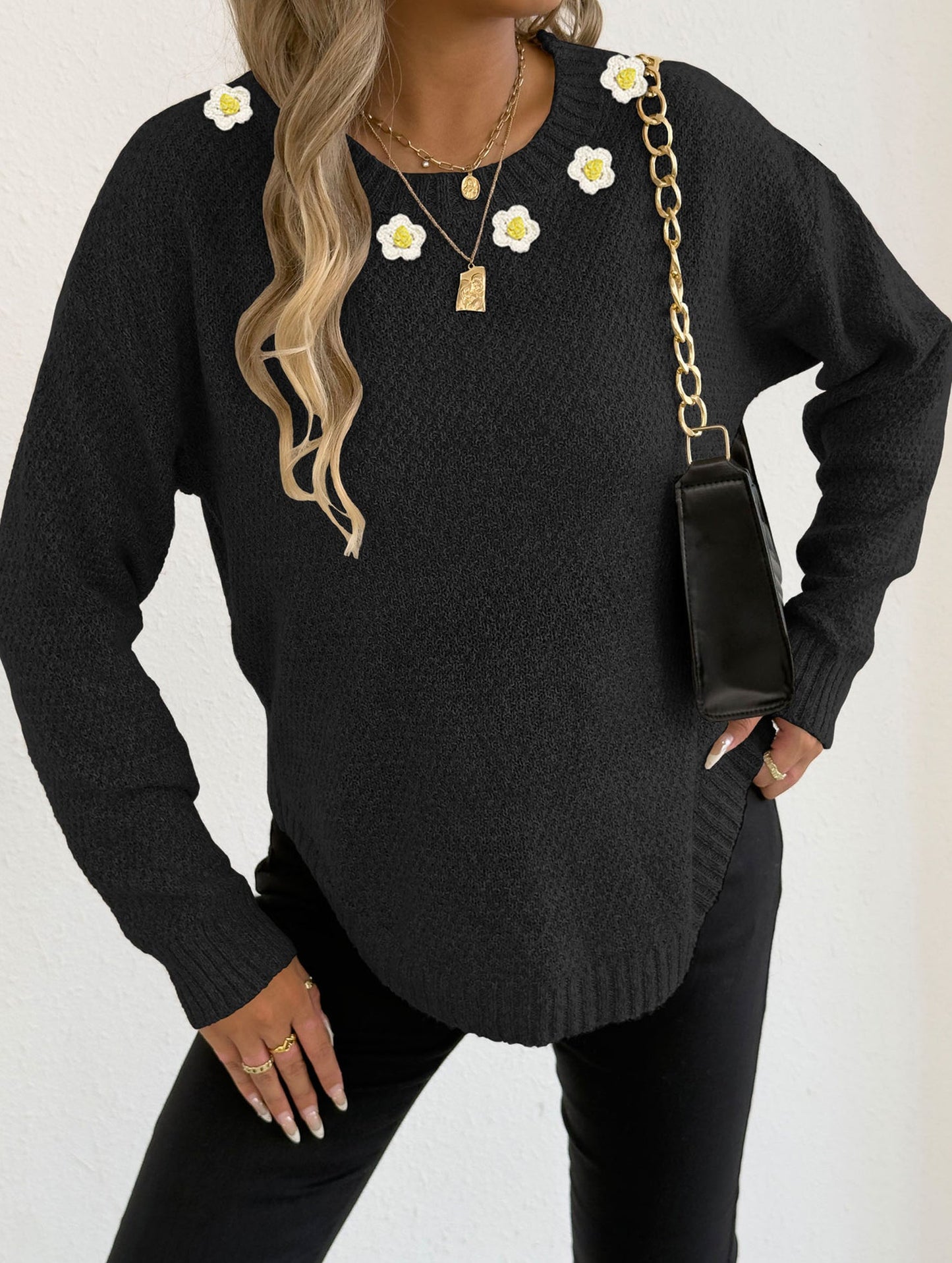 Hand-crocheted round neck casual sweater