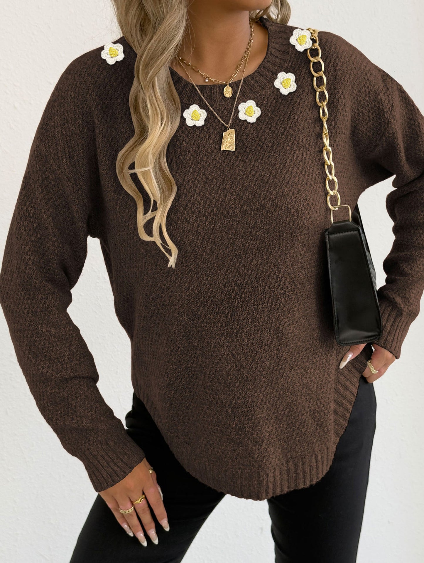 Hand-crocheted round neck casual sweater