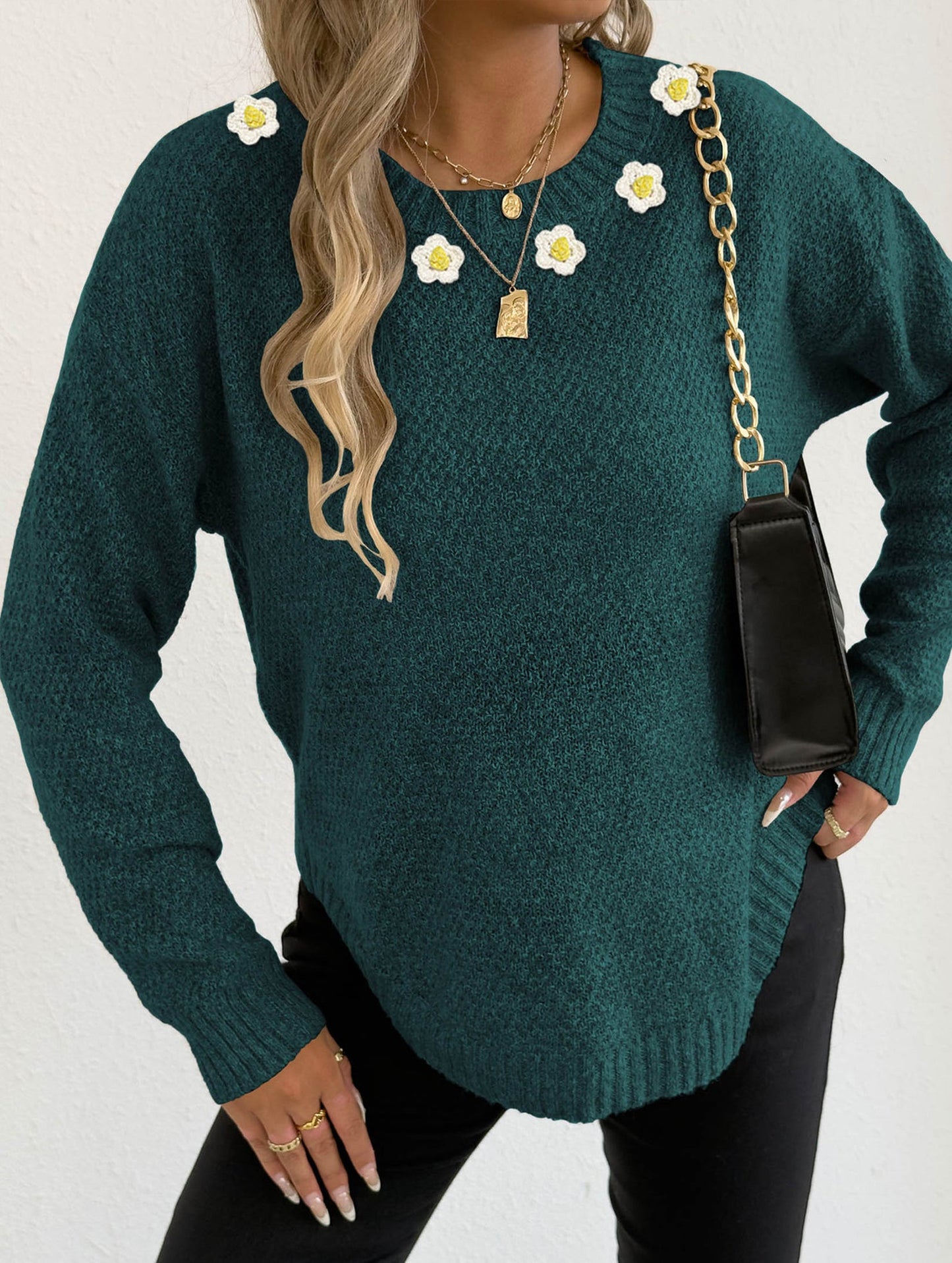 Hand-crocheted round neck casual sweater