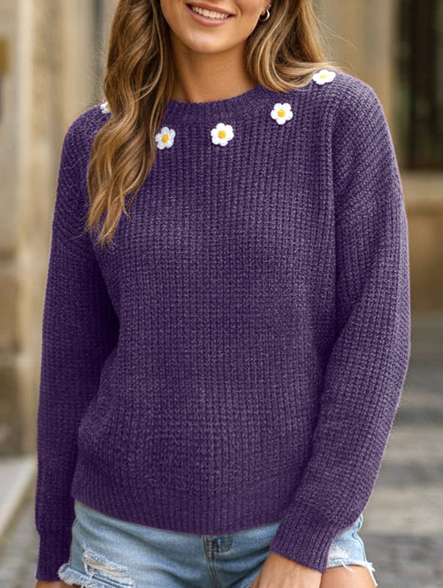 Hand-crocheted round neck casual sweater