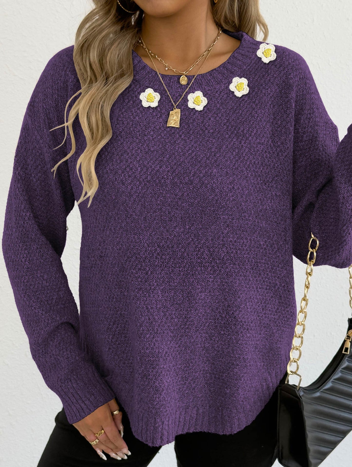 Hand-crocheted round neck casual sweater
