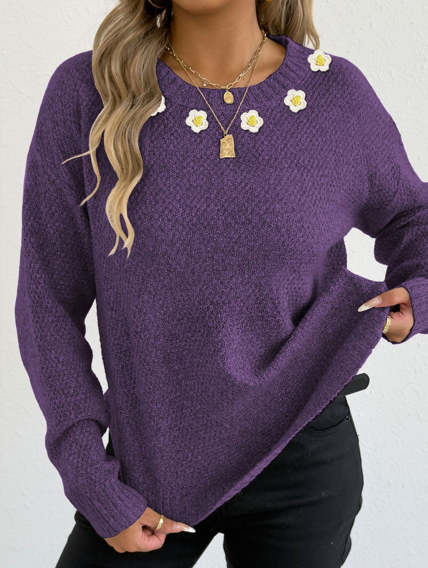 Hand-crocheted round neck casual sweater