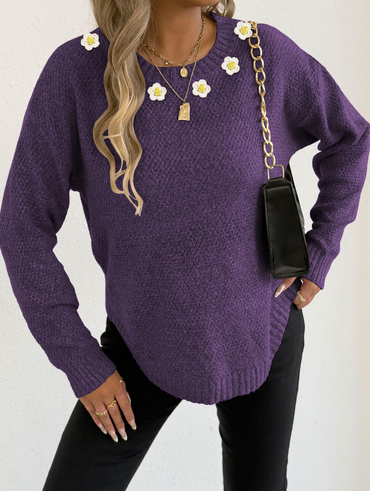 Hand-crocheted round neck casual sweater