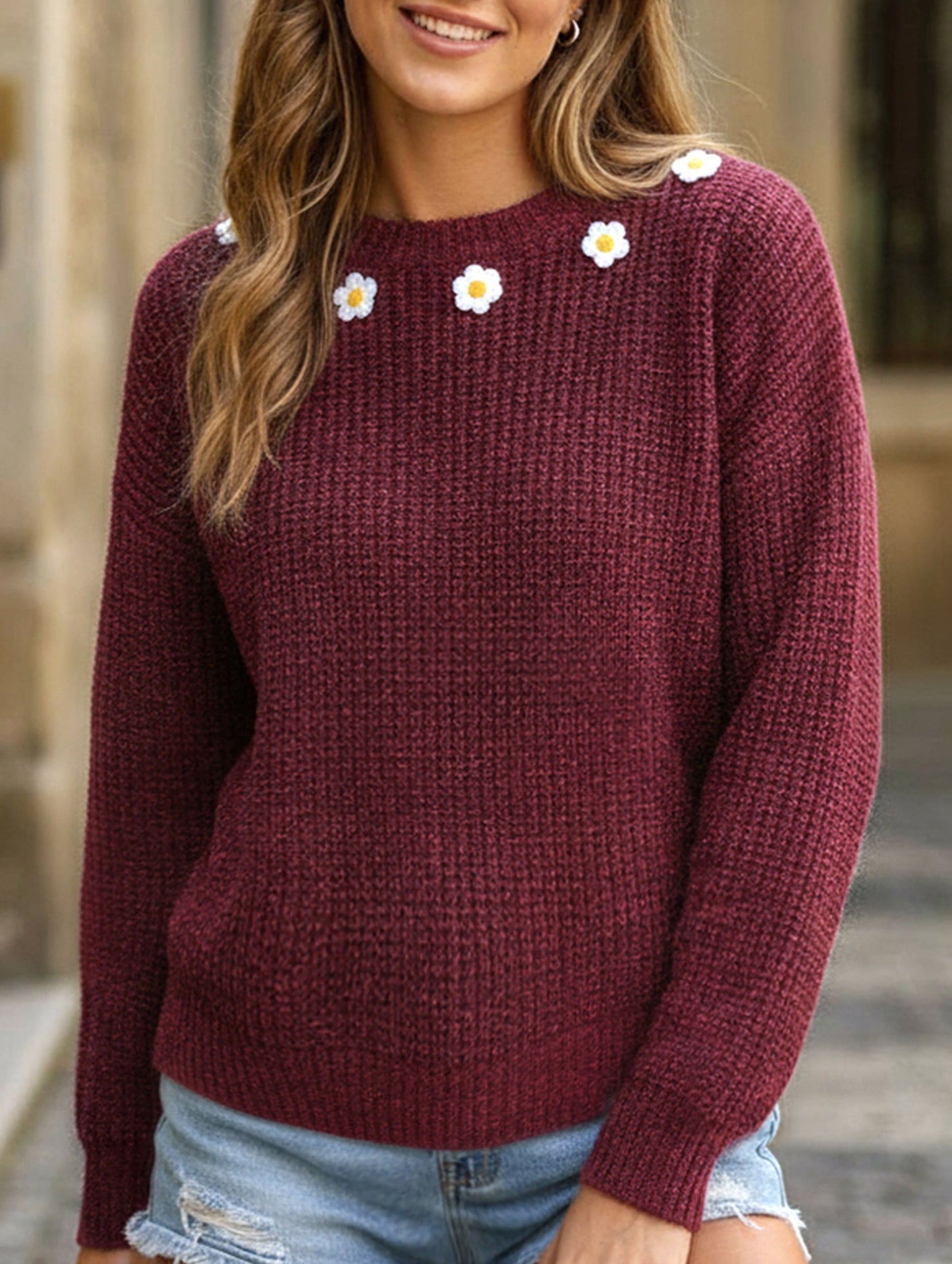 Hand-crocheted round neck casual sweater