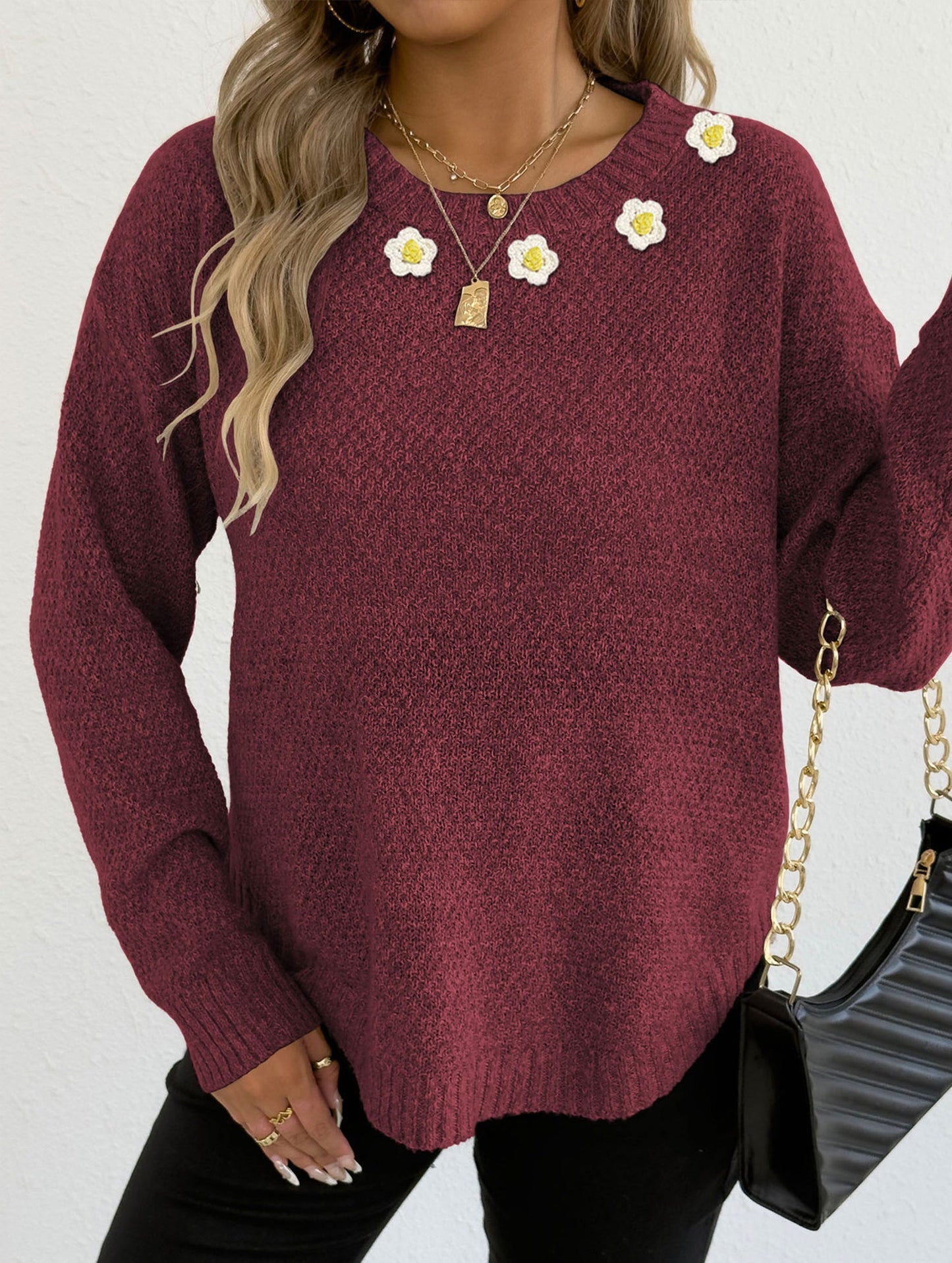Hand-crocheted round neck casual sweater