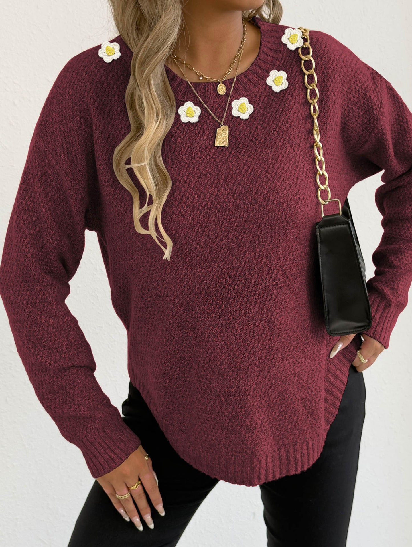 Hand-crocheted round neck casual sweater