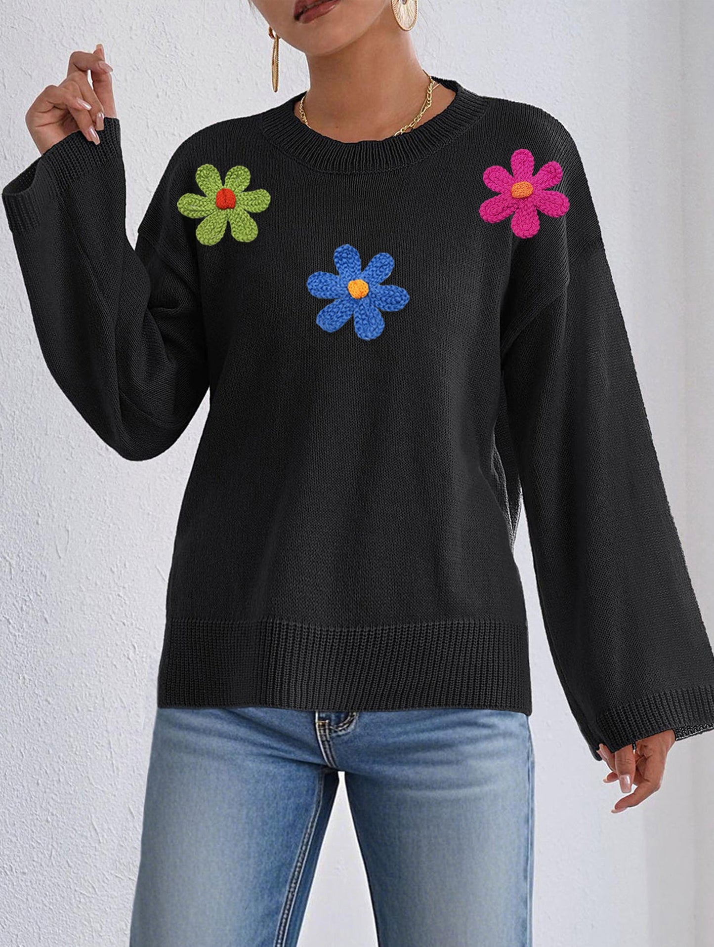 Casual long-sleeved top crew neck pullover sweater