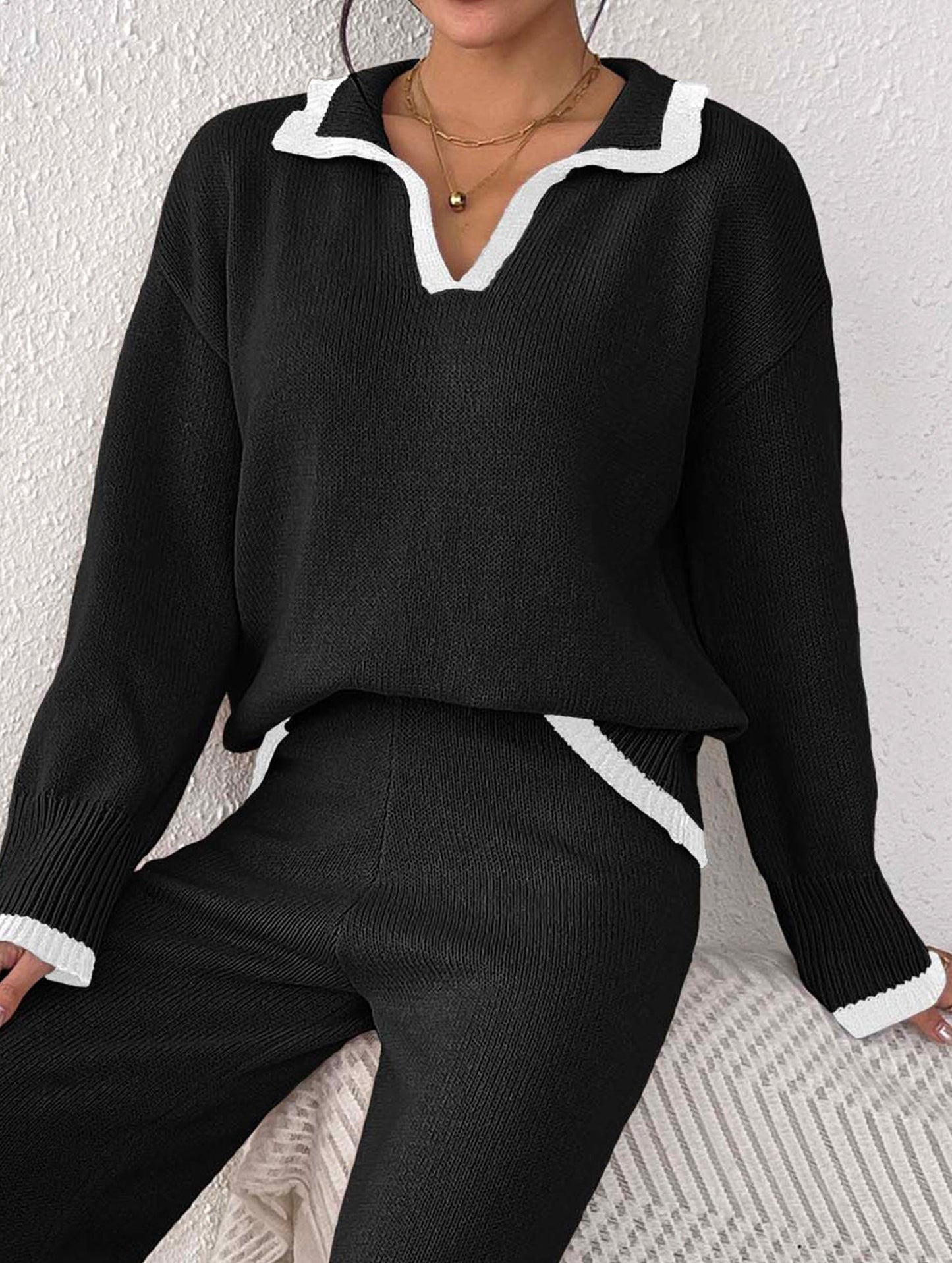 Lapel stitching pullover sweater