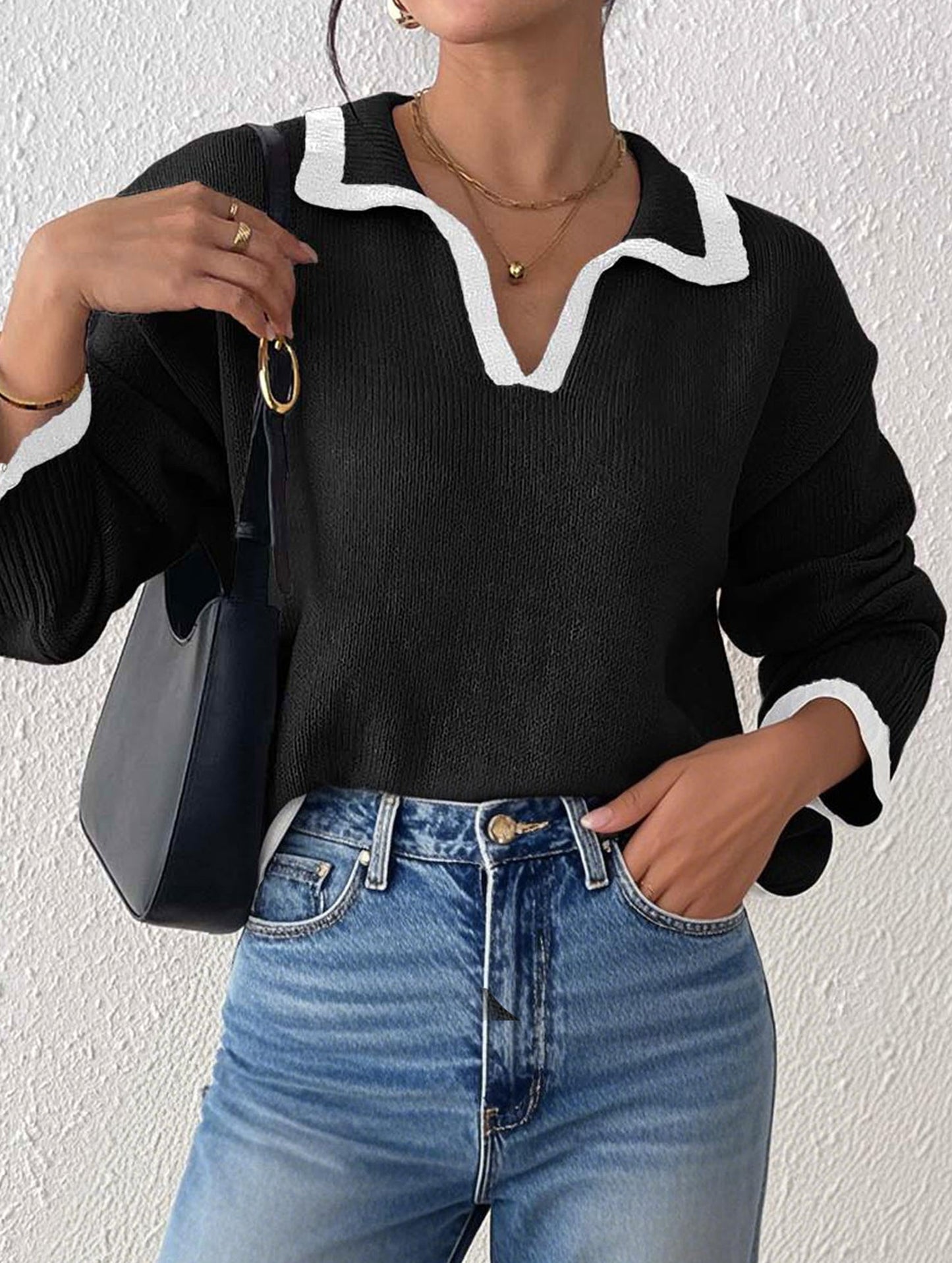 Lapel stitching pullover sweater