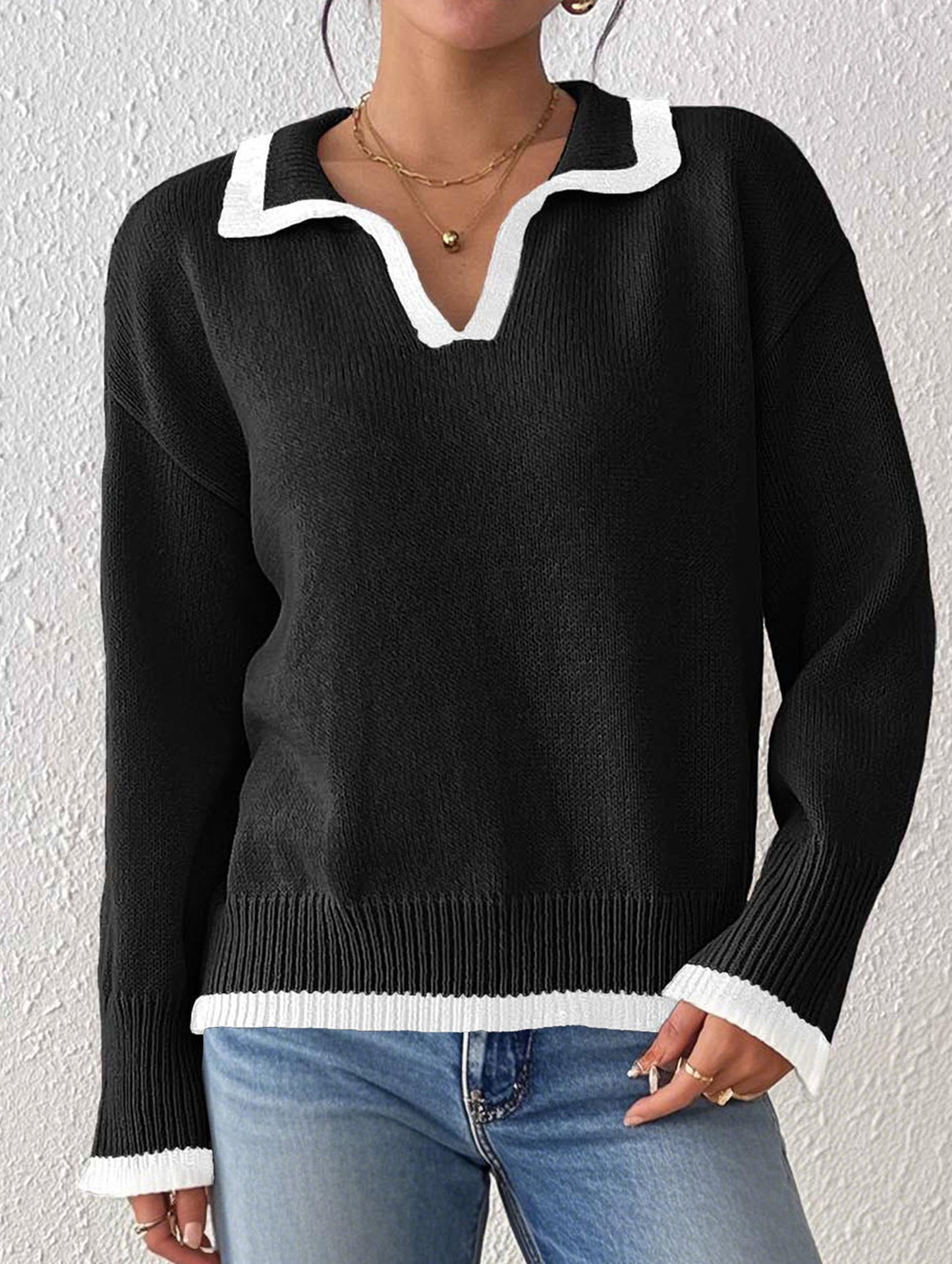 Lapel stitching pullover sweater
