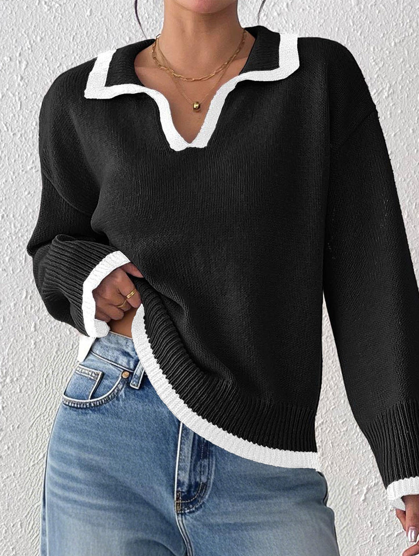 Lapel stitching pullover sweater