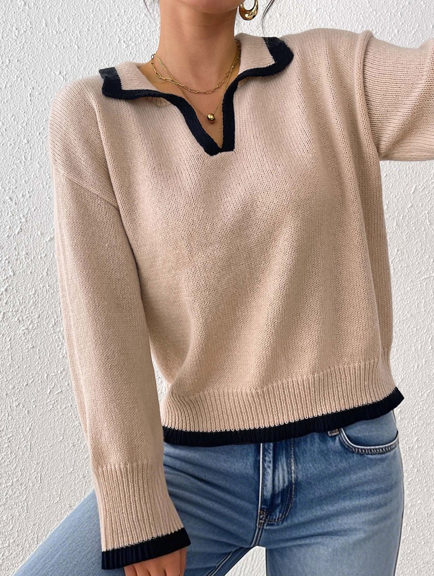 Lapel stitching pullover sweater
