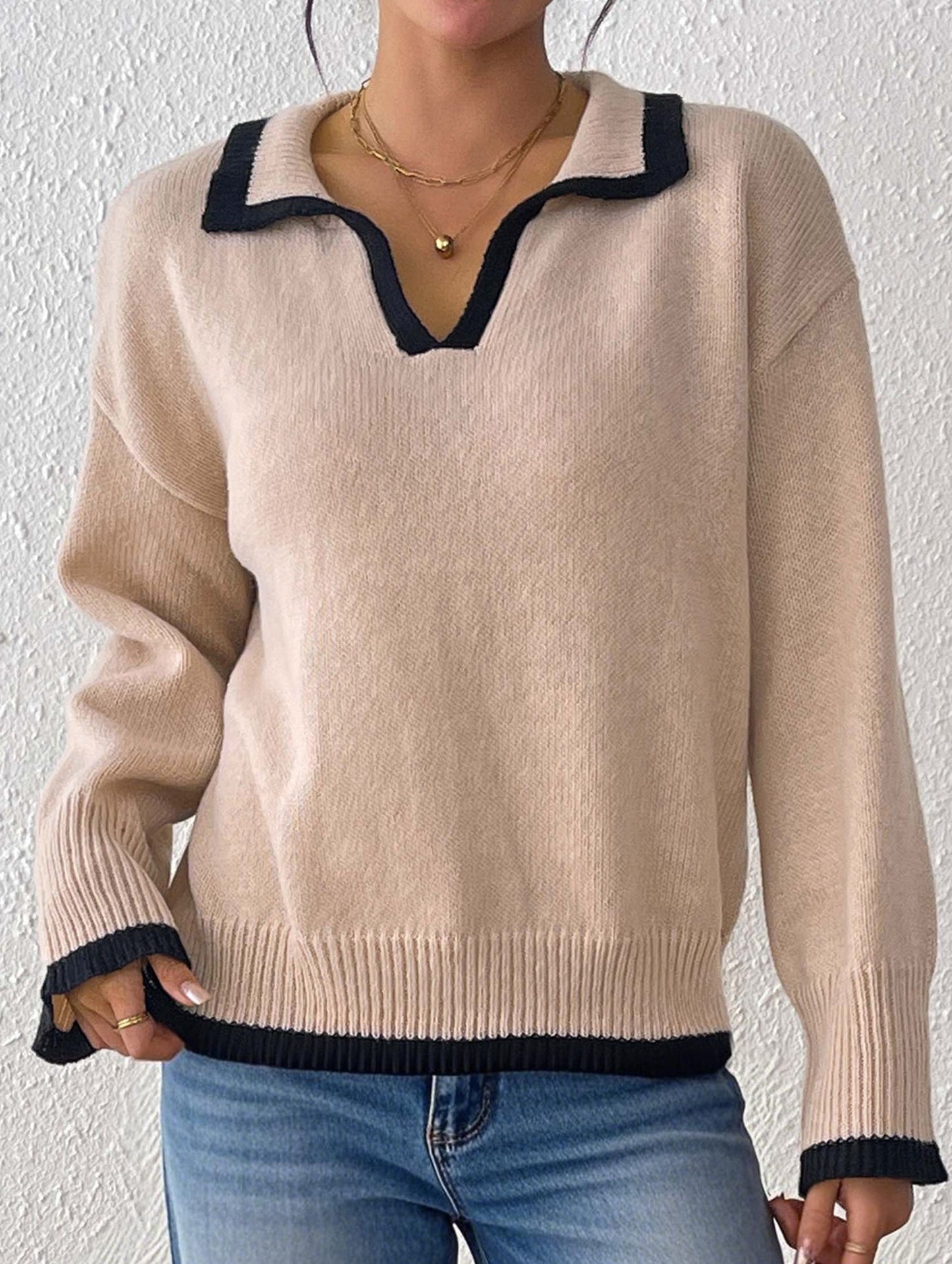 Lapel stitching pullover sweater