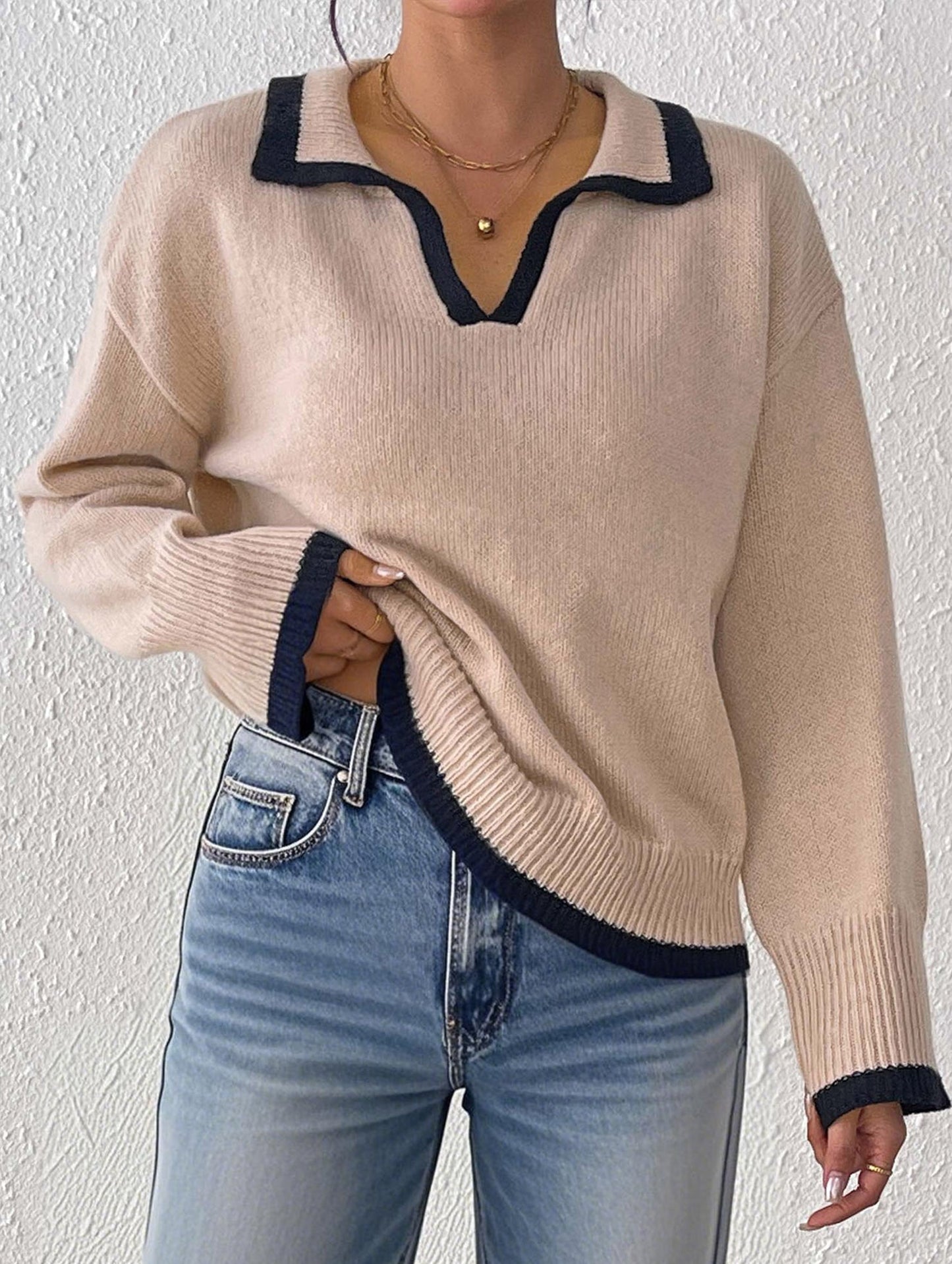 Lapel stitching pullover sweater