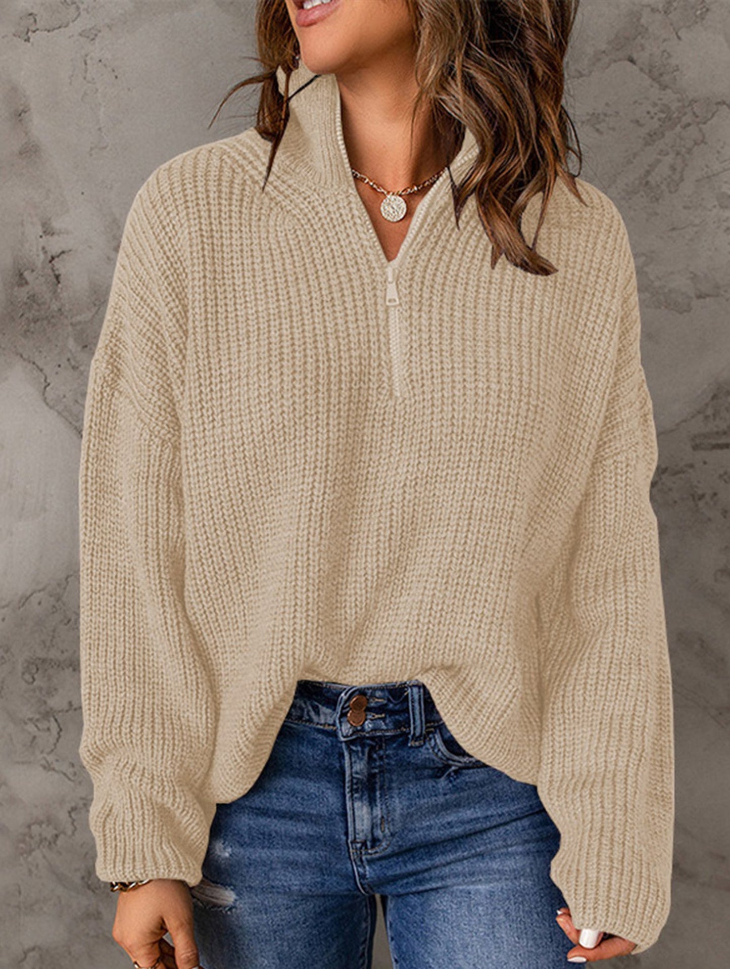 Loose high-neck ribbed pullover sweater