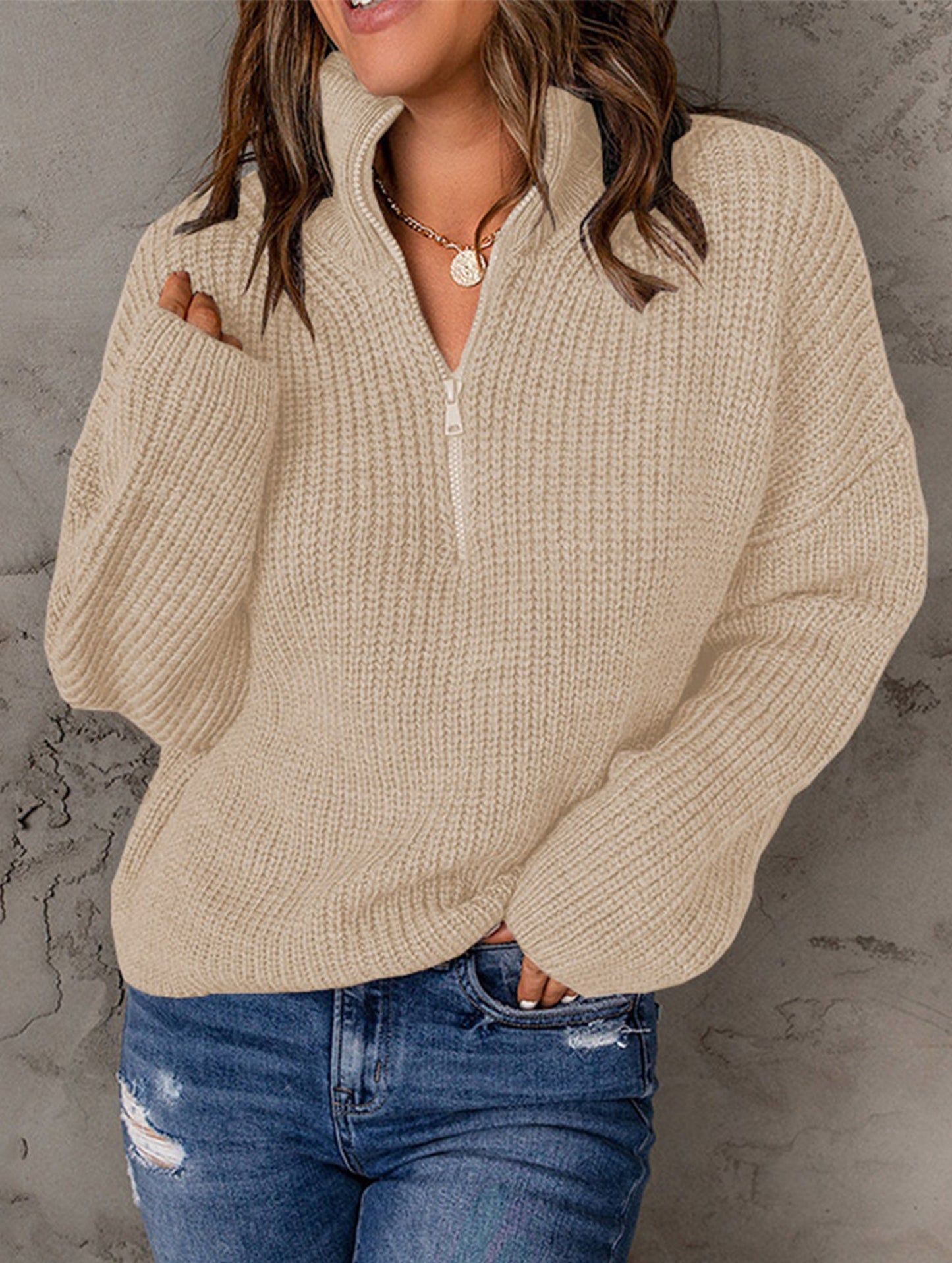 Loose high-neck ribbed pullover sweater