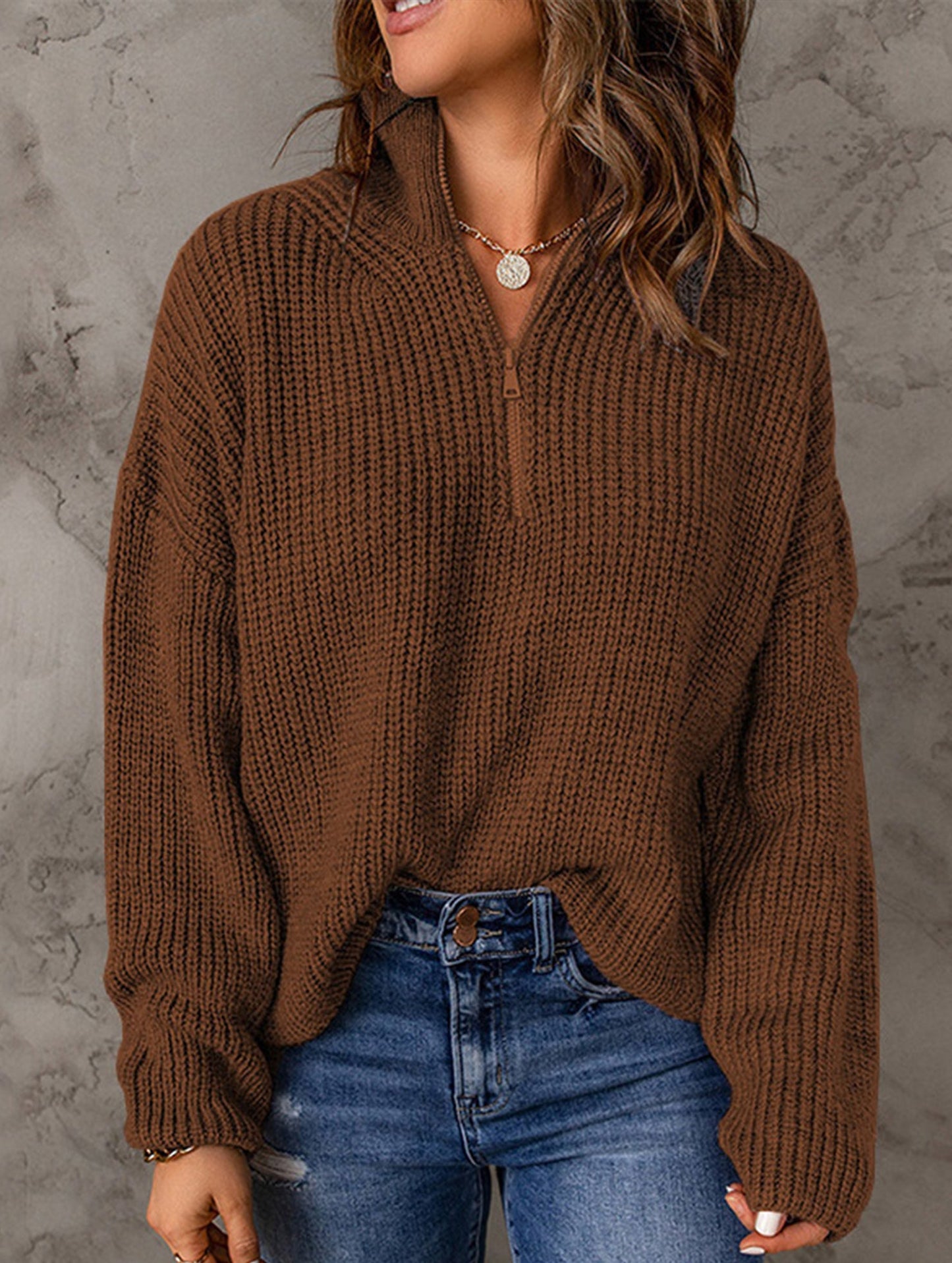 Loose high-neck ribbed pullover sweater