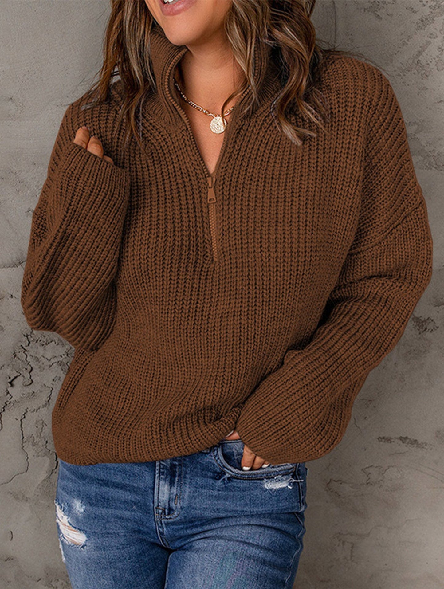 Loose high-neck ribbed pullover sweater