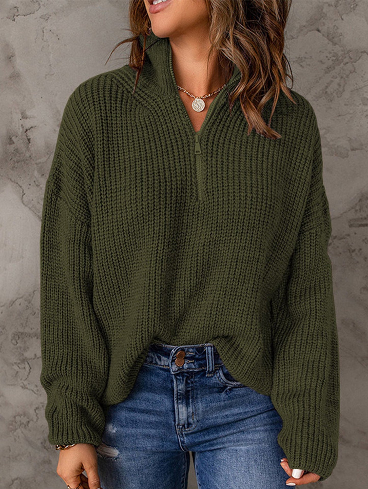 Loose high-neck ribbed pullover sweater