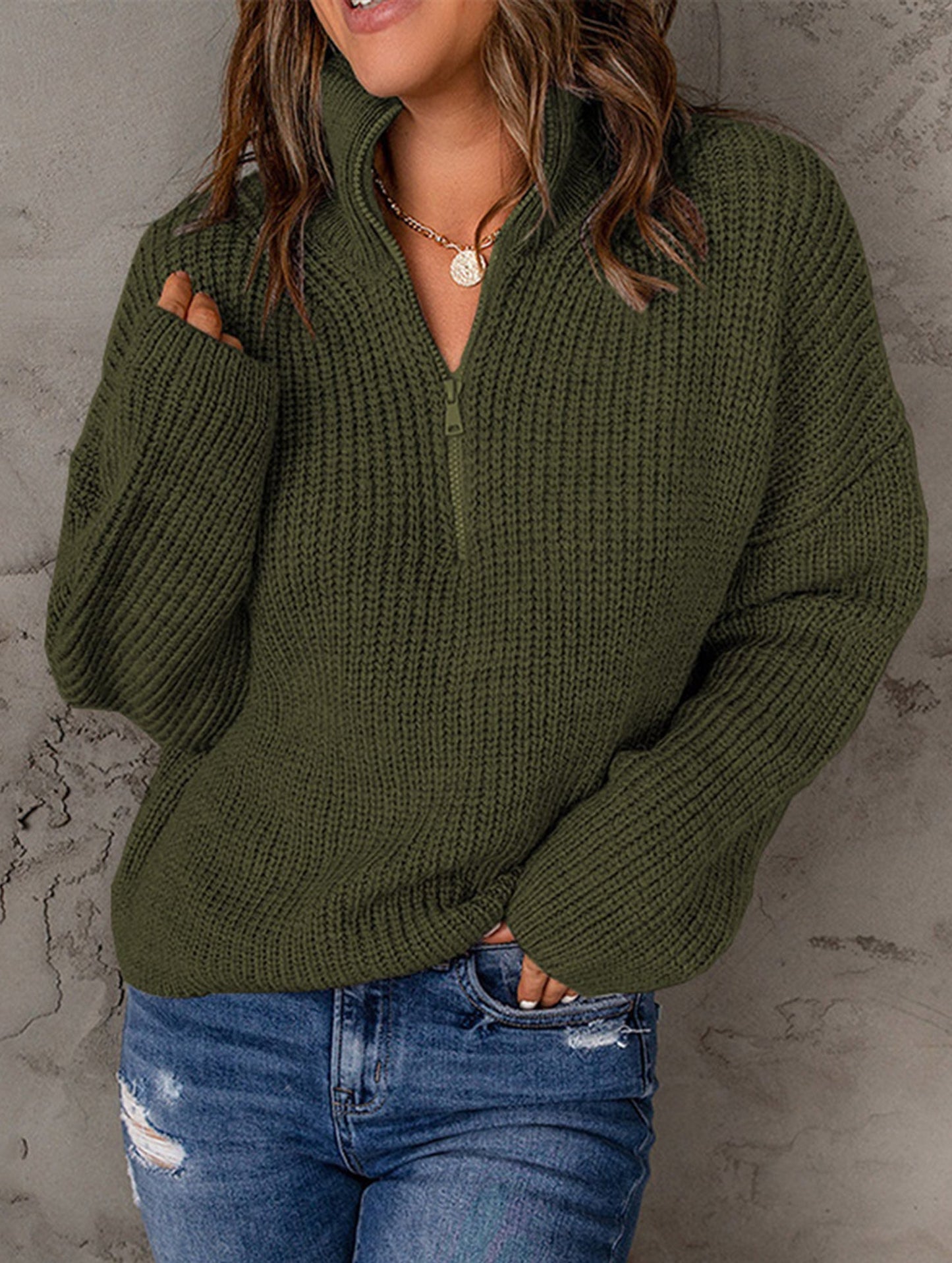 Loose high-neck ribbed pullover sweater