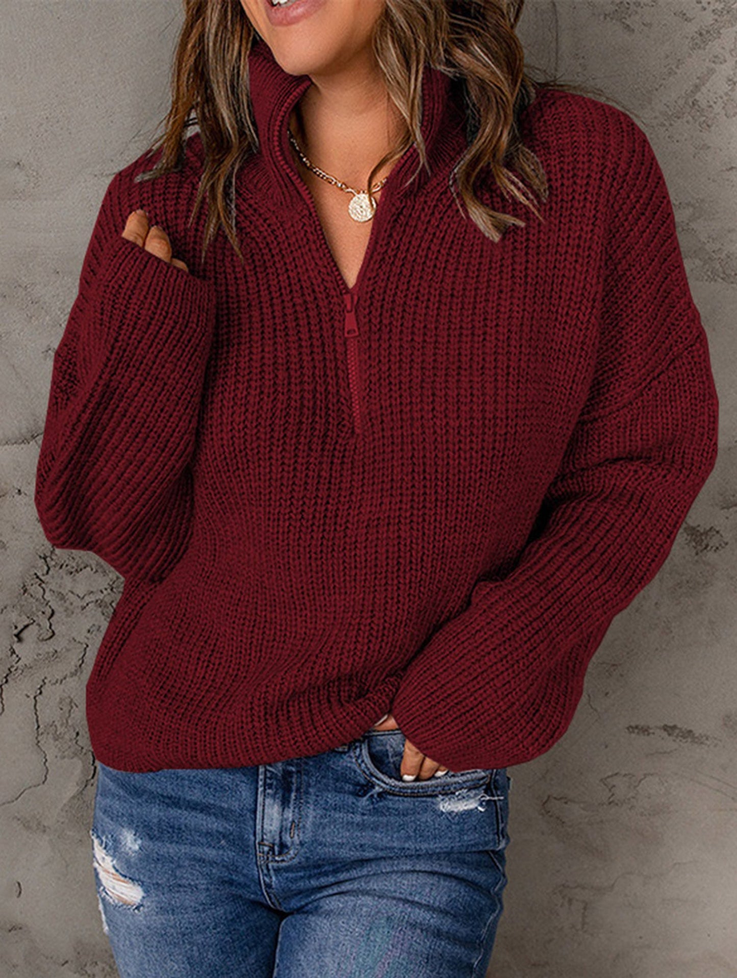 Loose high-neck ribbed pullover sweater