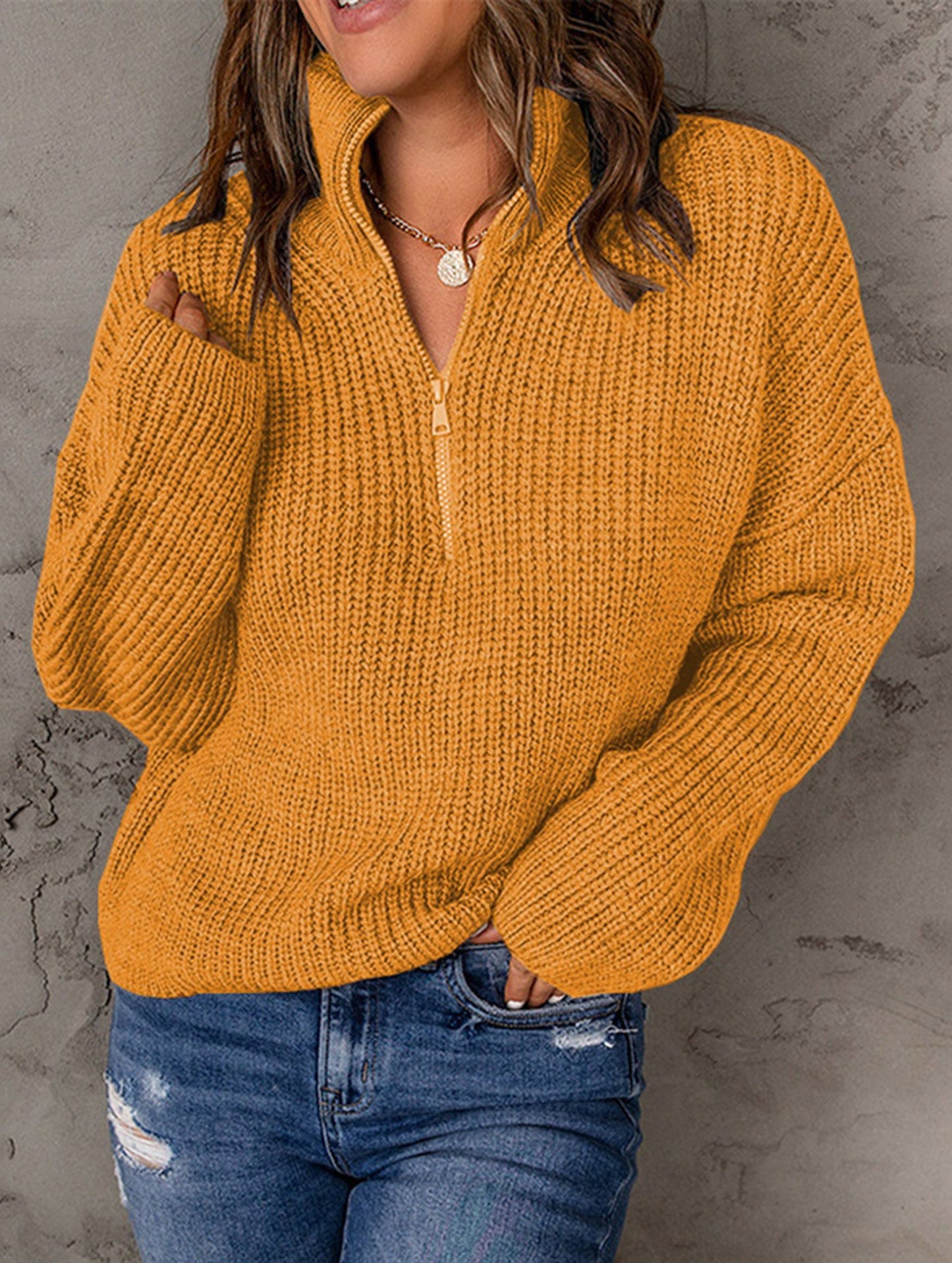 Loose high-neck ribbed pullover sweater